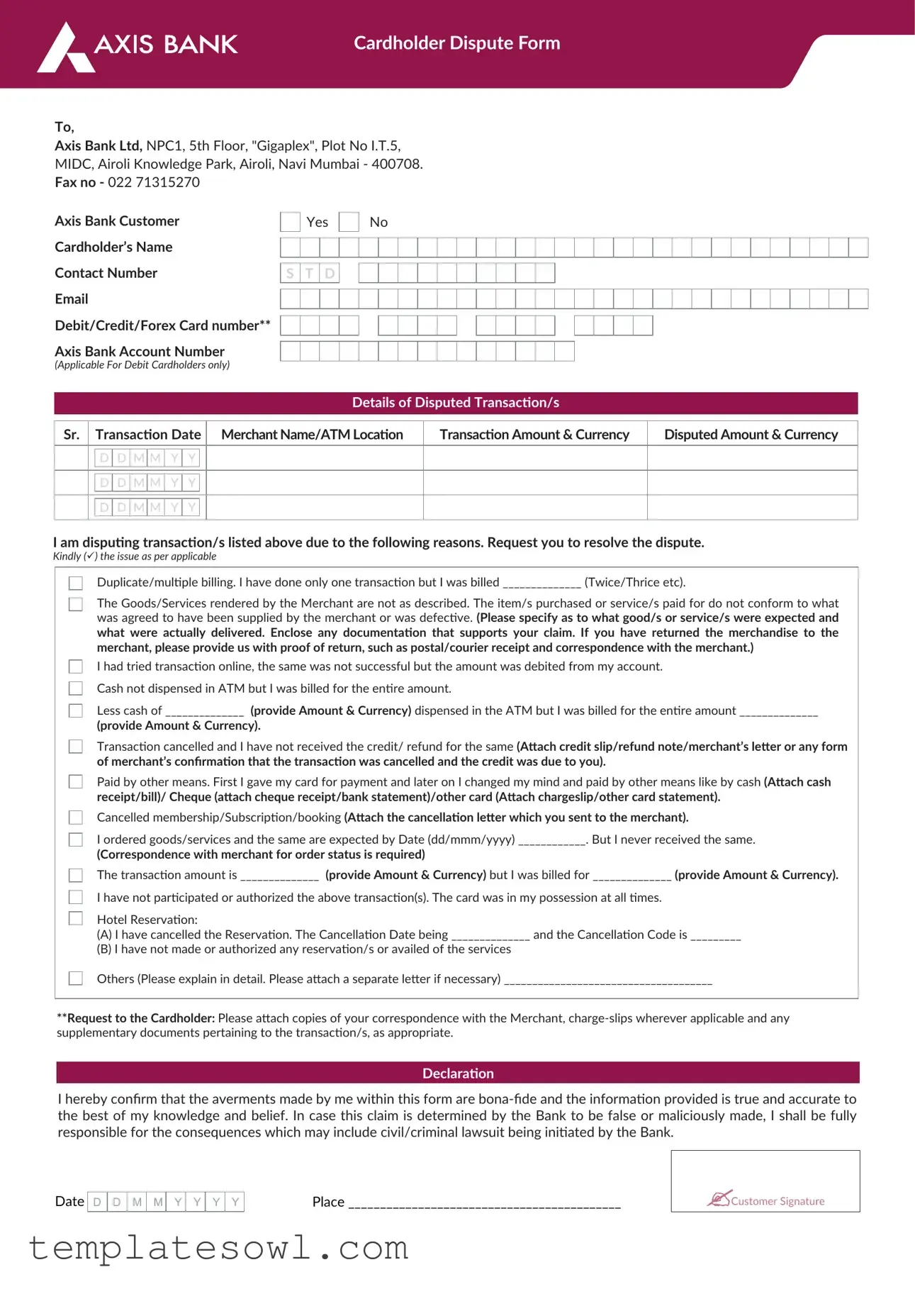Fill Out Your Axis Bank Dispute Form