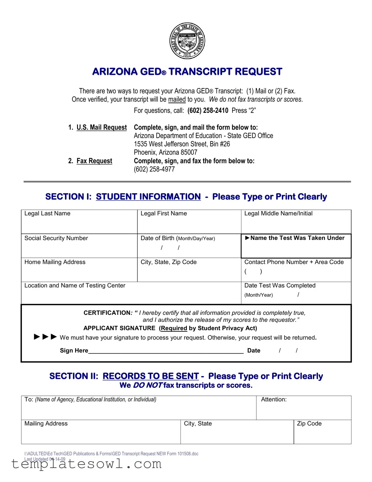 Fill Out Your Az Ged Transcript Request Form