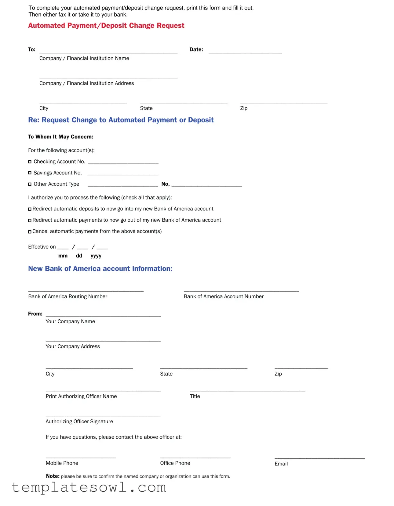Fill Out Your Bank America Change Order Form