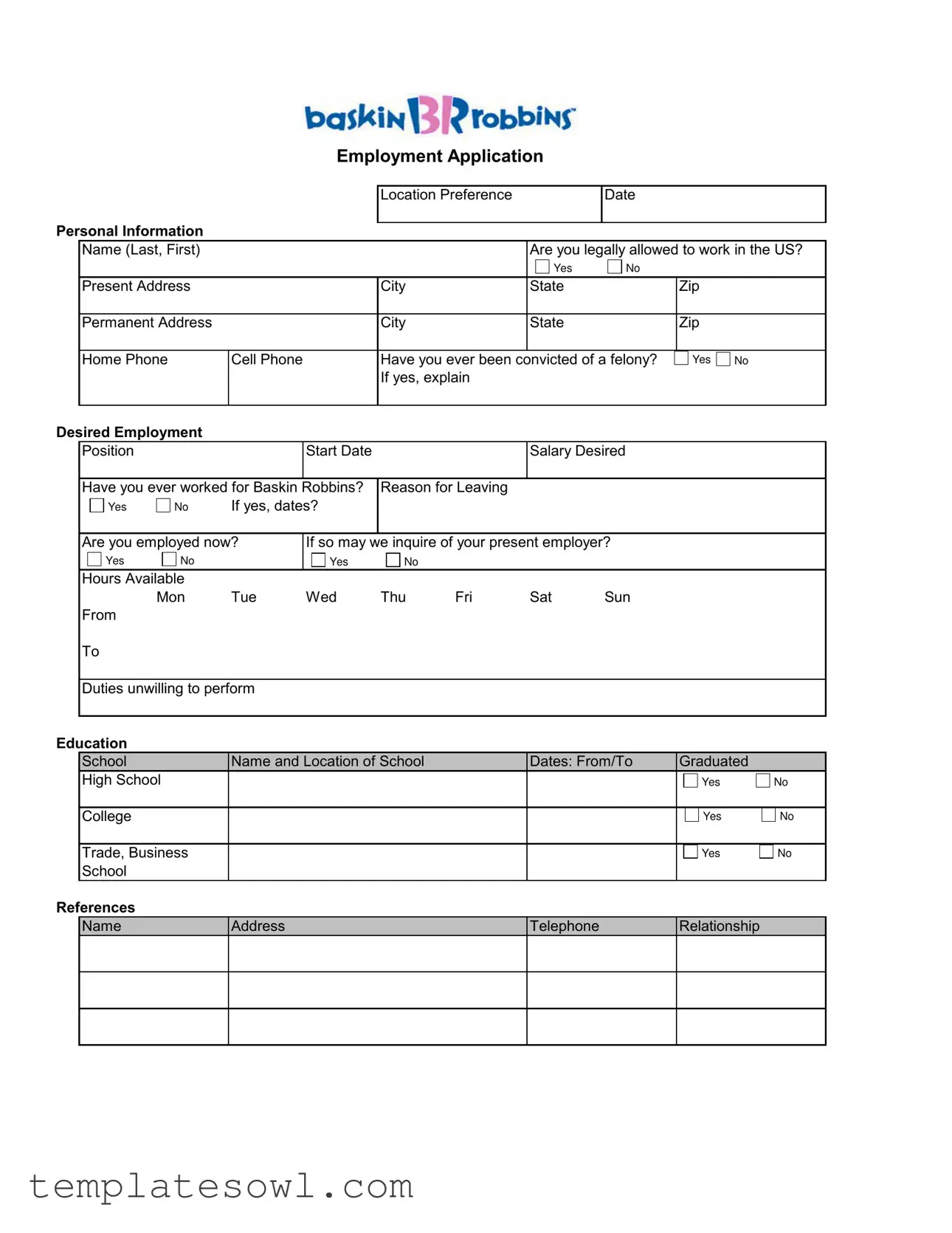 Fill Out Your Baskin Robbins Job Form