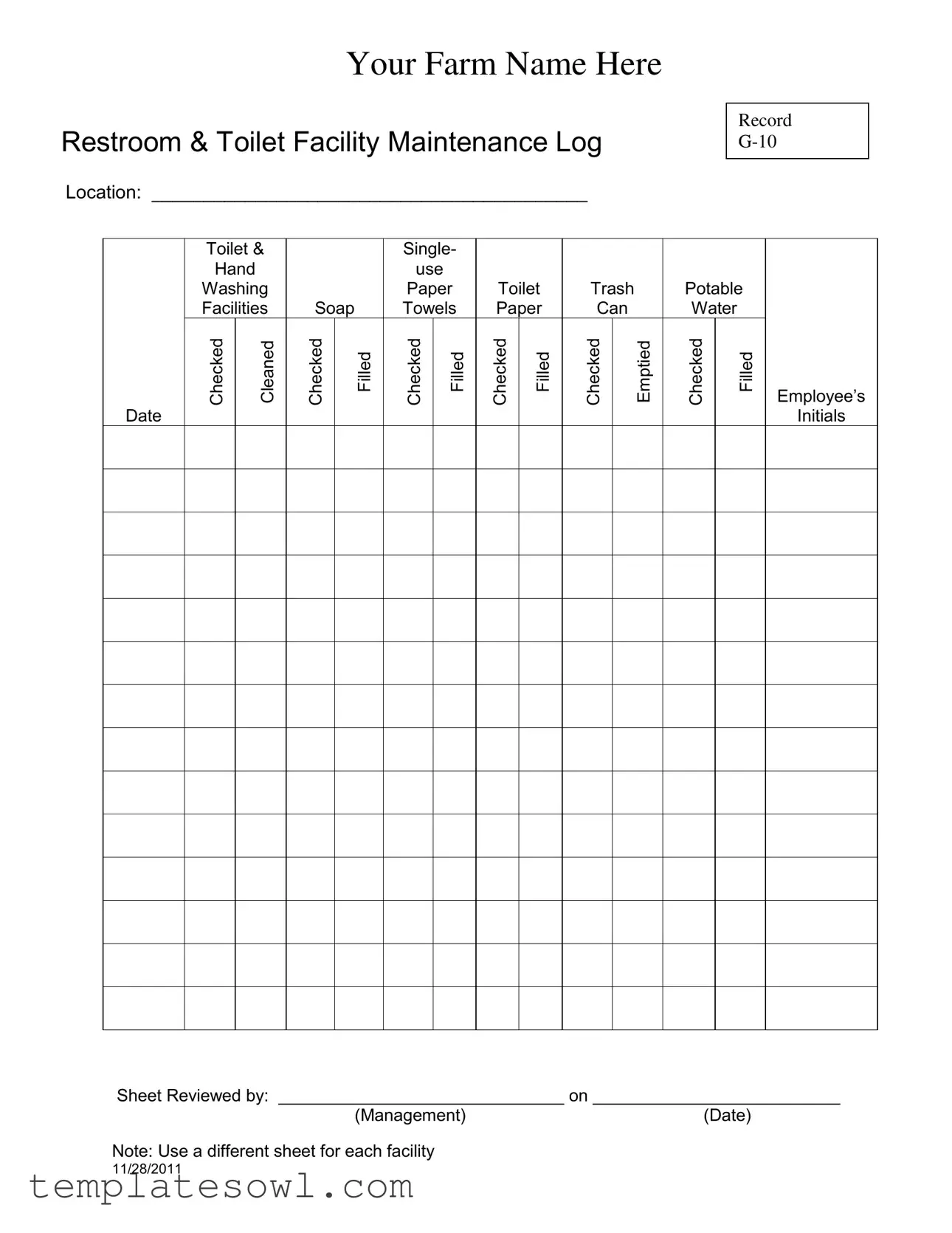 Fill Out Your Bathroom Cleaning Log Sheet Form