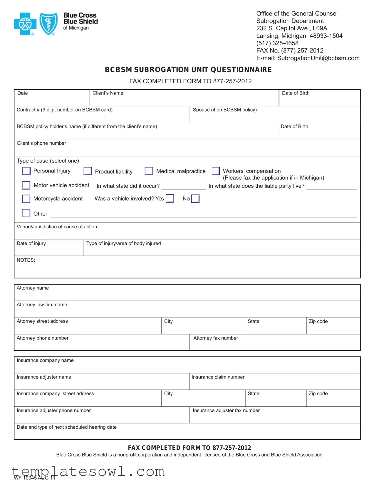 Fill Out Your Bcbsm Subrogation Form