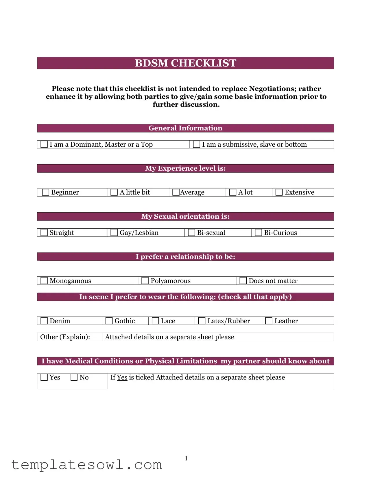 Fill Out Your Bdsm Checklist Form