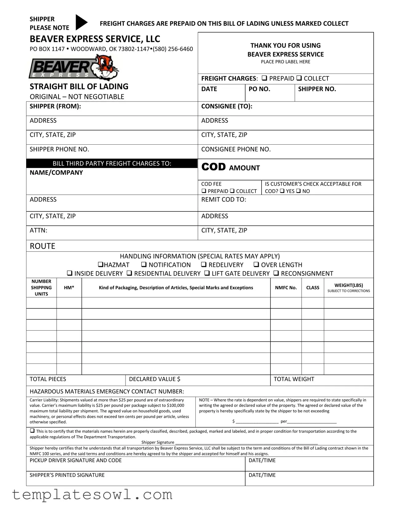 Fill Out Your Beaver Express Bill Lading Form