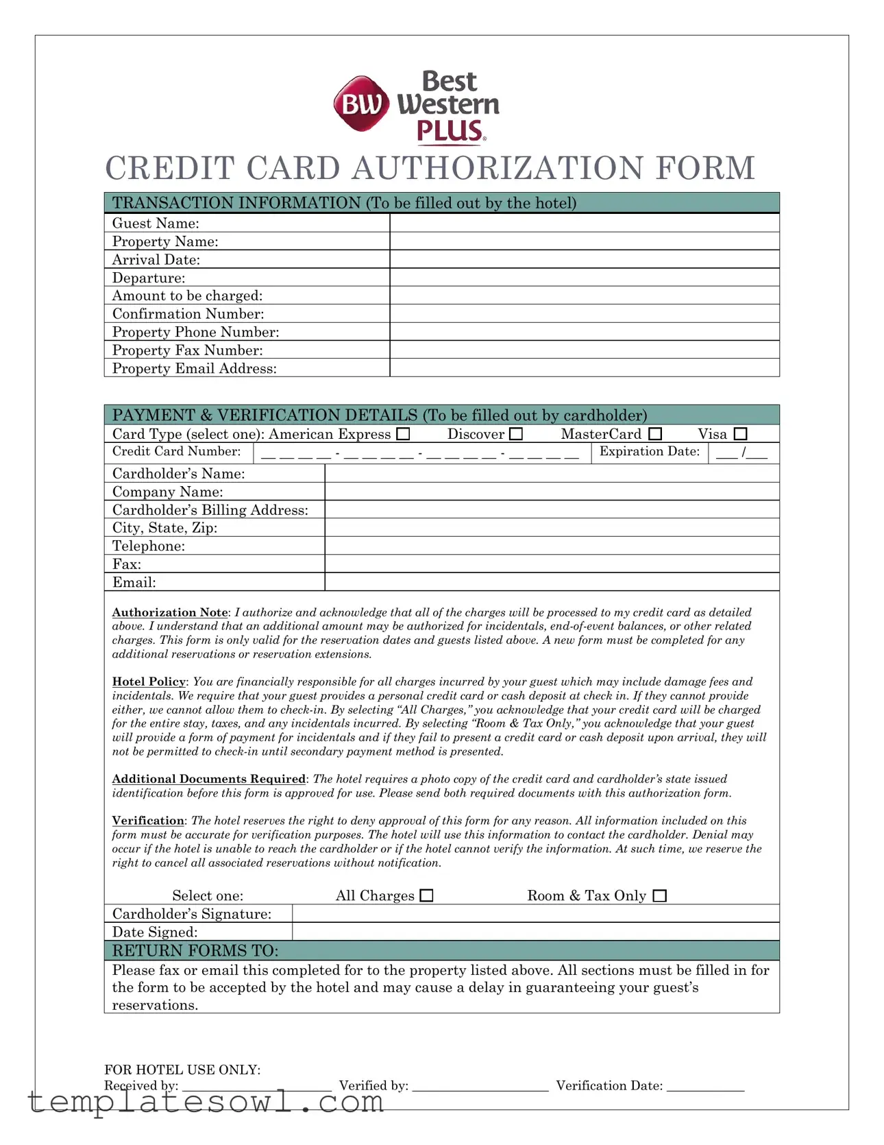 Fill Out Your Best Western Card Authorization Form