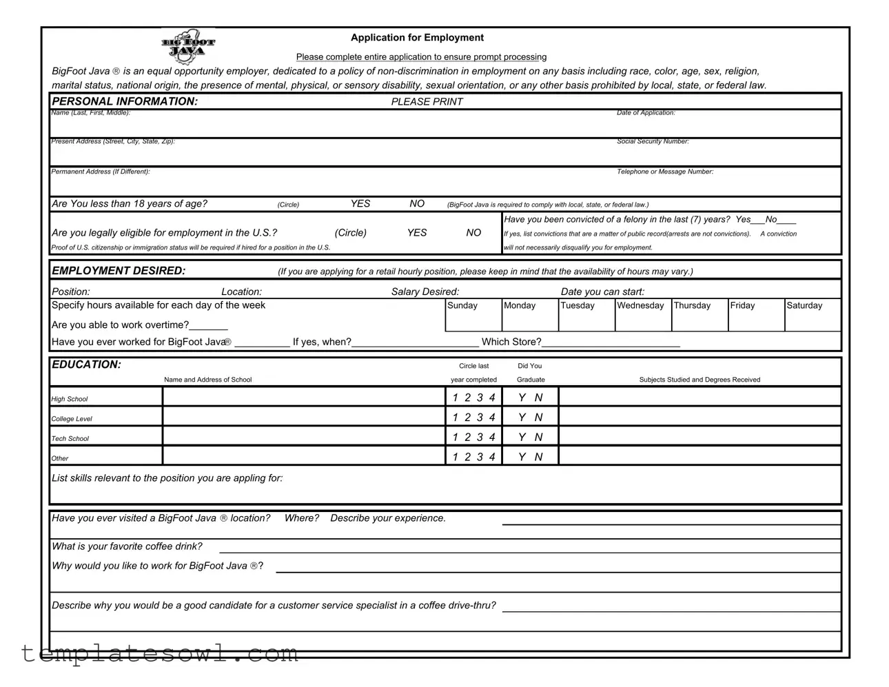 Fill Out Your Bigfoot Java Application Form