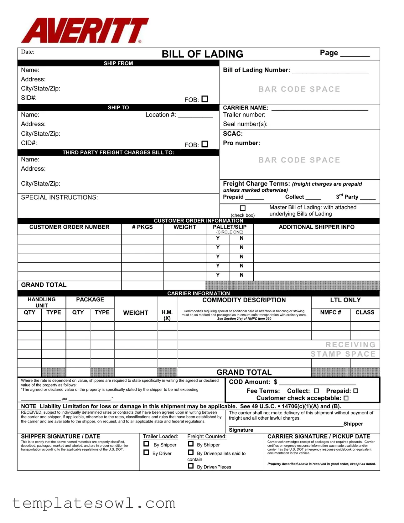 Fill Out Your Bill Of Lading Averitt Form