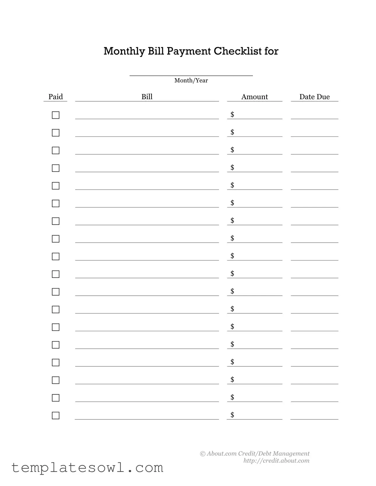 Fill Out Your Bill Payment Checklist Form