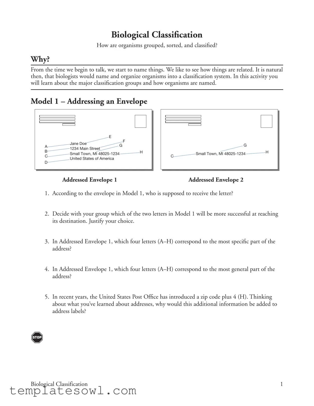 Fill Out Your Biological Classification Model 1 Form