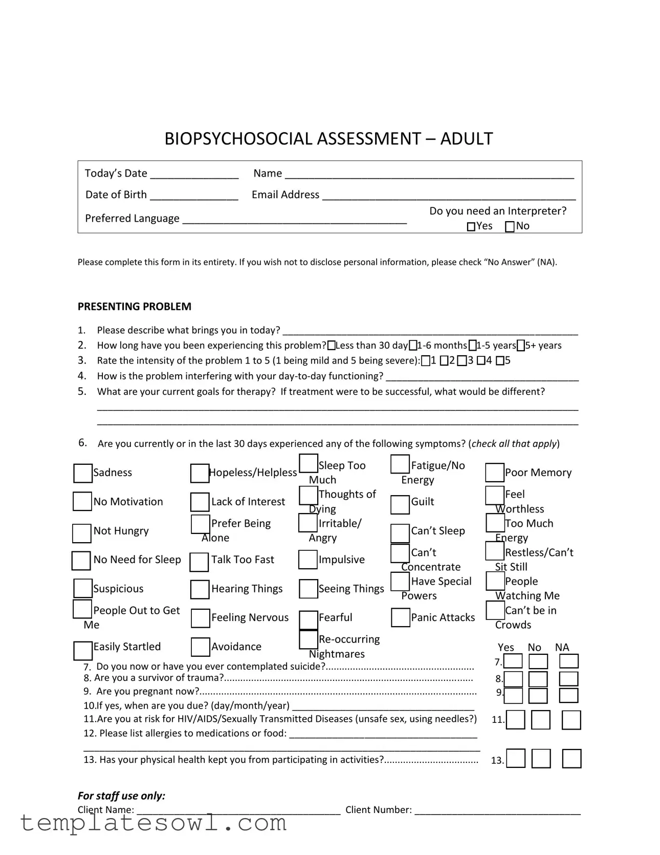 Fill Out Your Biopsychosocial Assessment Social Work Form