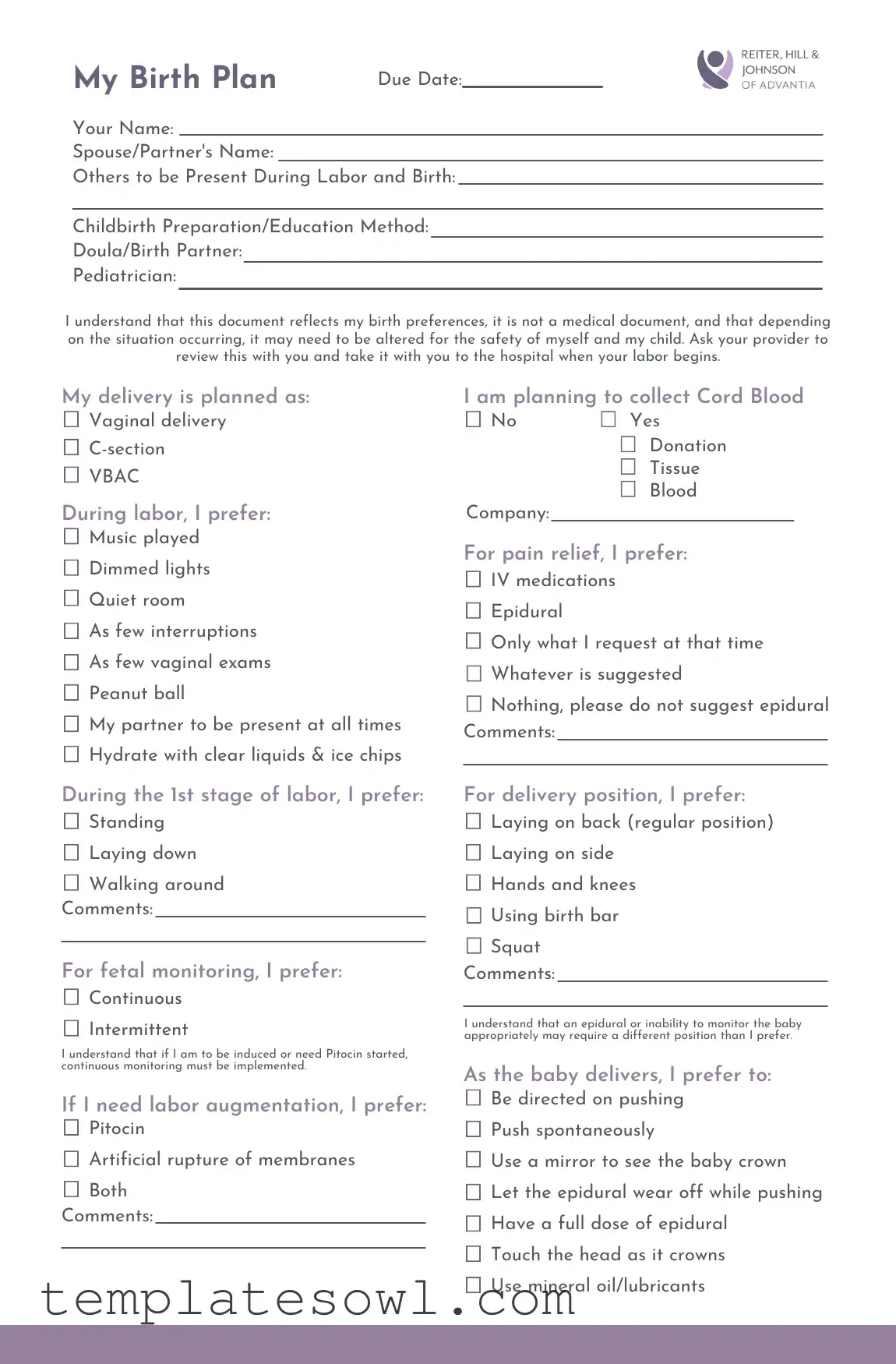 Fill Out Your Birth Plan Worksheet Form