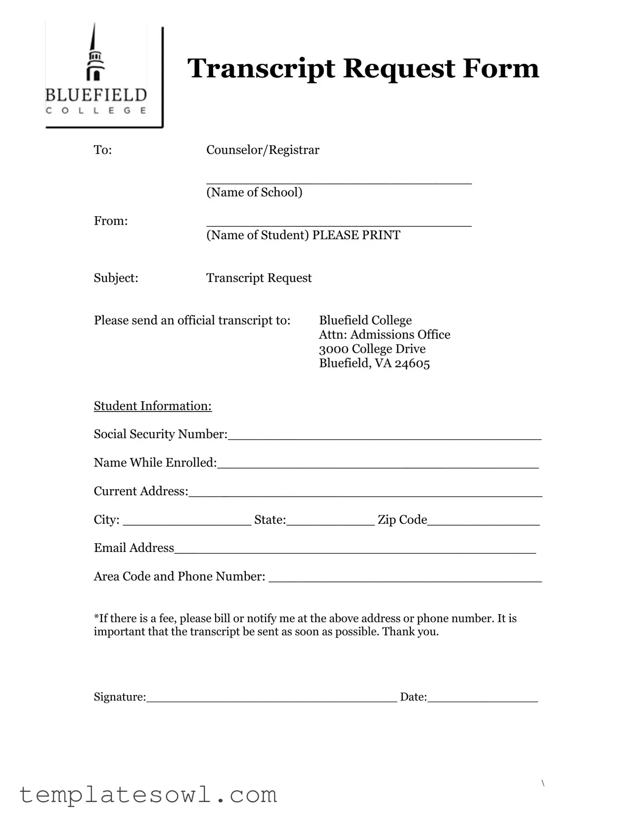 Fill Out Your Bluefield Transcript Request Form
