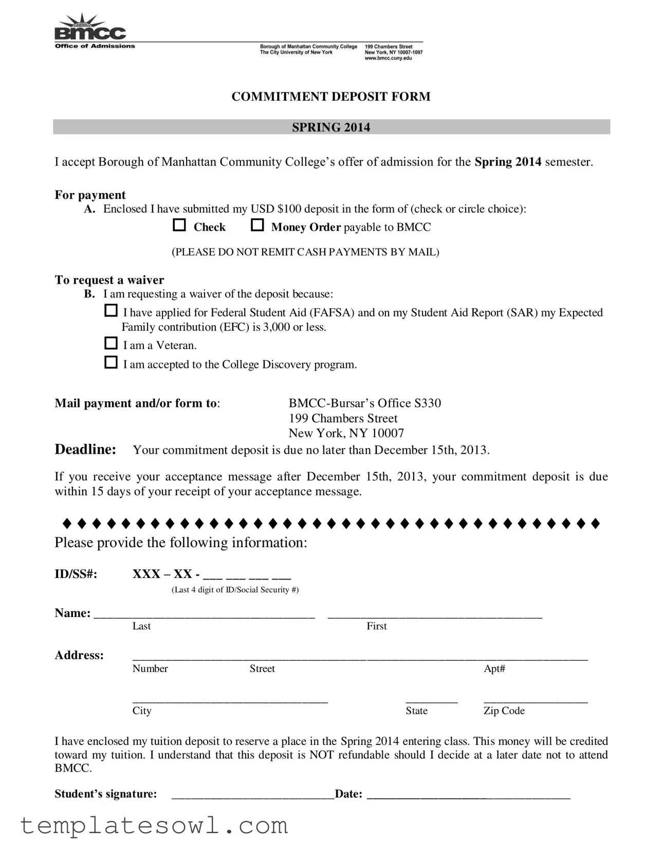 Fill Out Your Bmcc Commitment Deposit Form