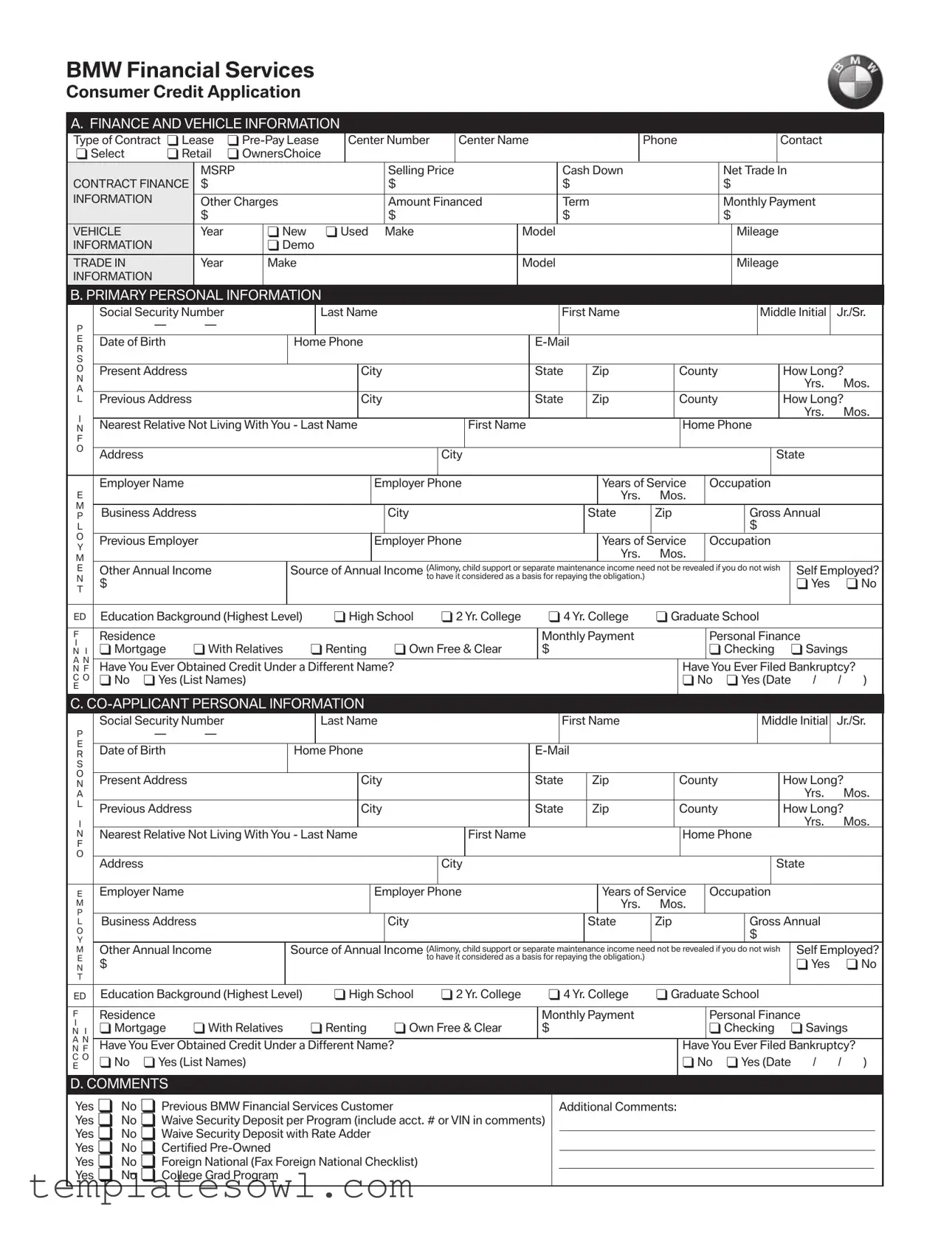 Fill Out Your Bmw Credit Application Form