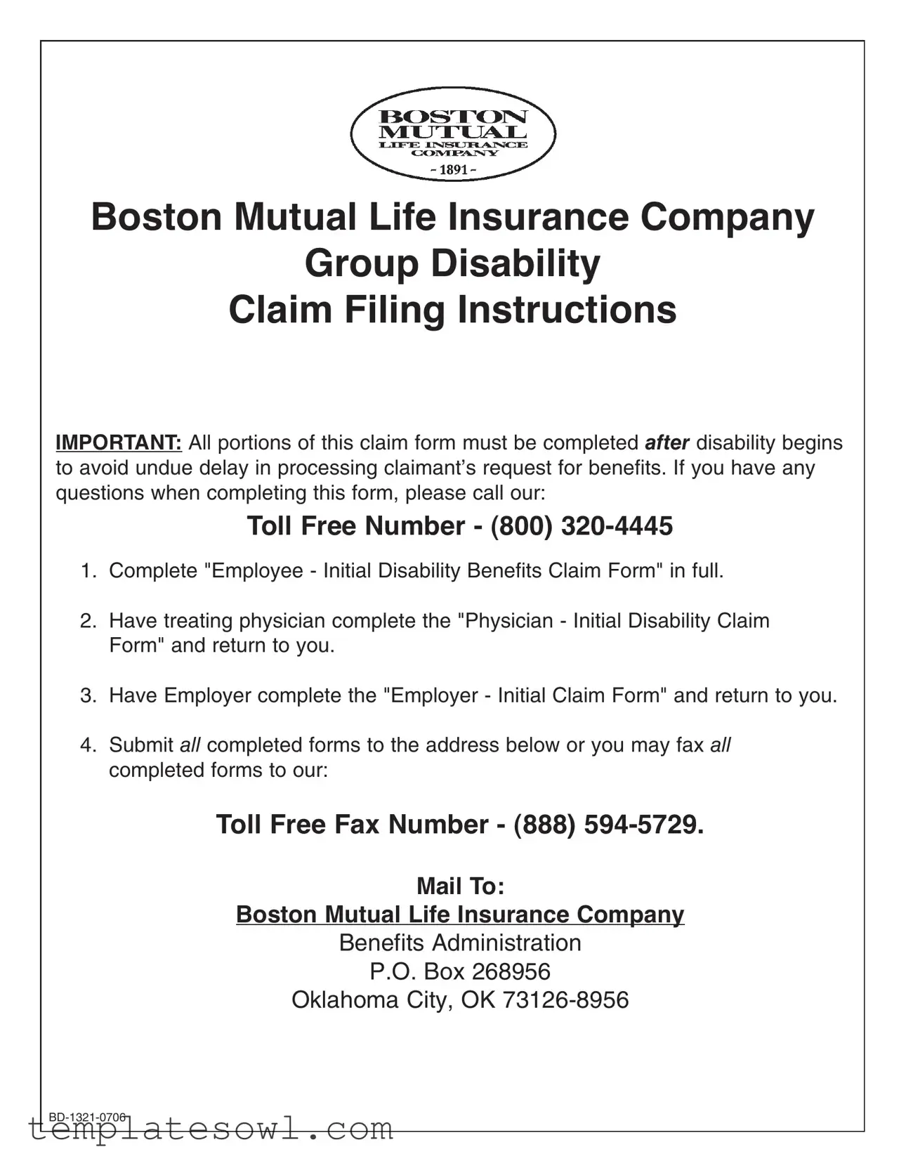 Fill Out Your Boston Mutual Claim Bd 1321 0706 Form