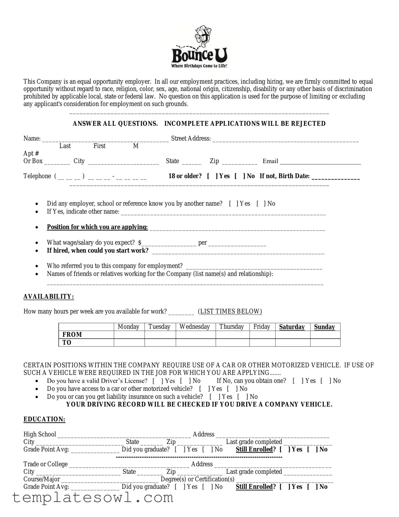 Fill Out Your Bounceu Application Form