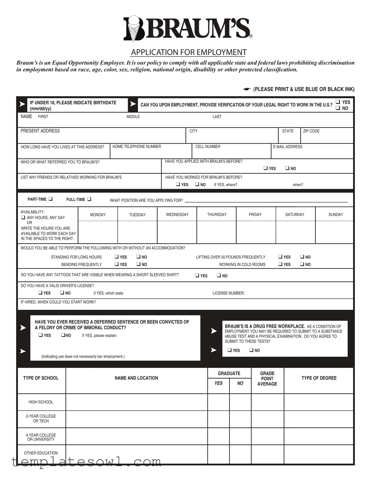 Fill Out Your Braums Job Application Form