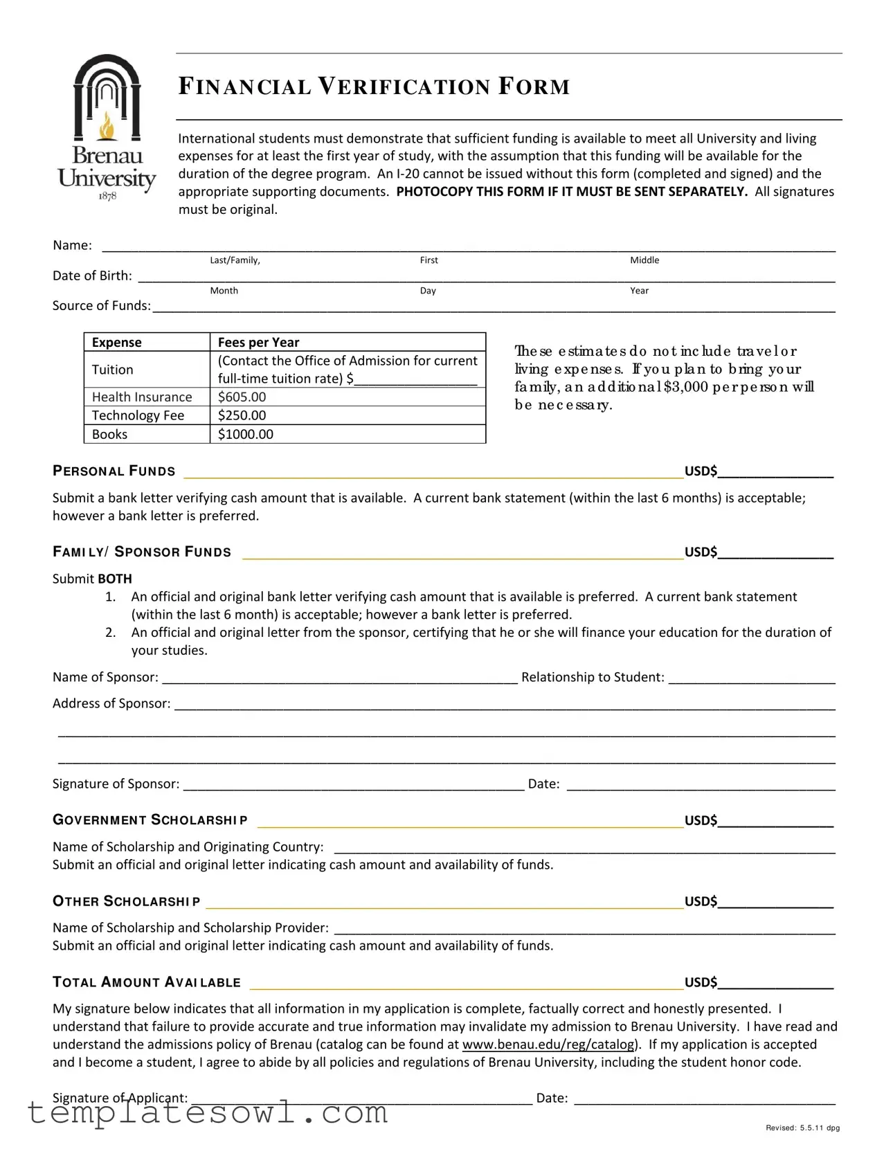 Fill Out Your Brenau Financial Verification Form
