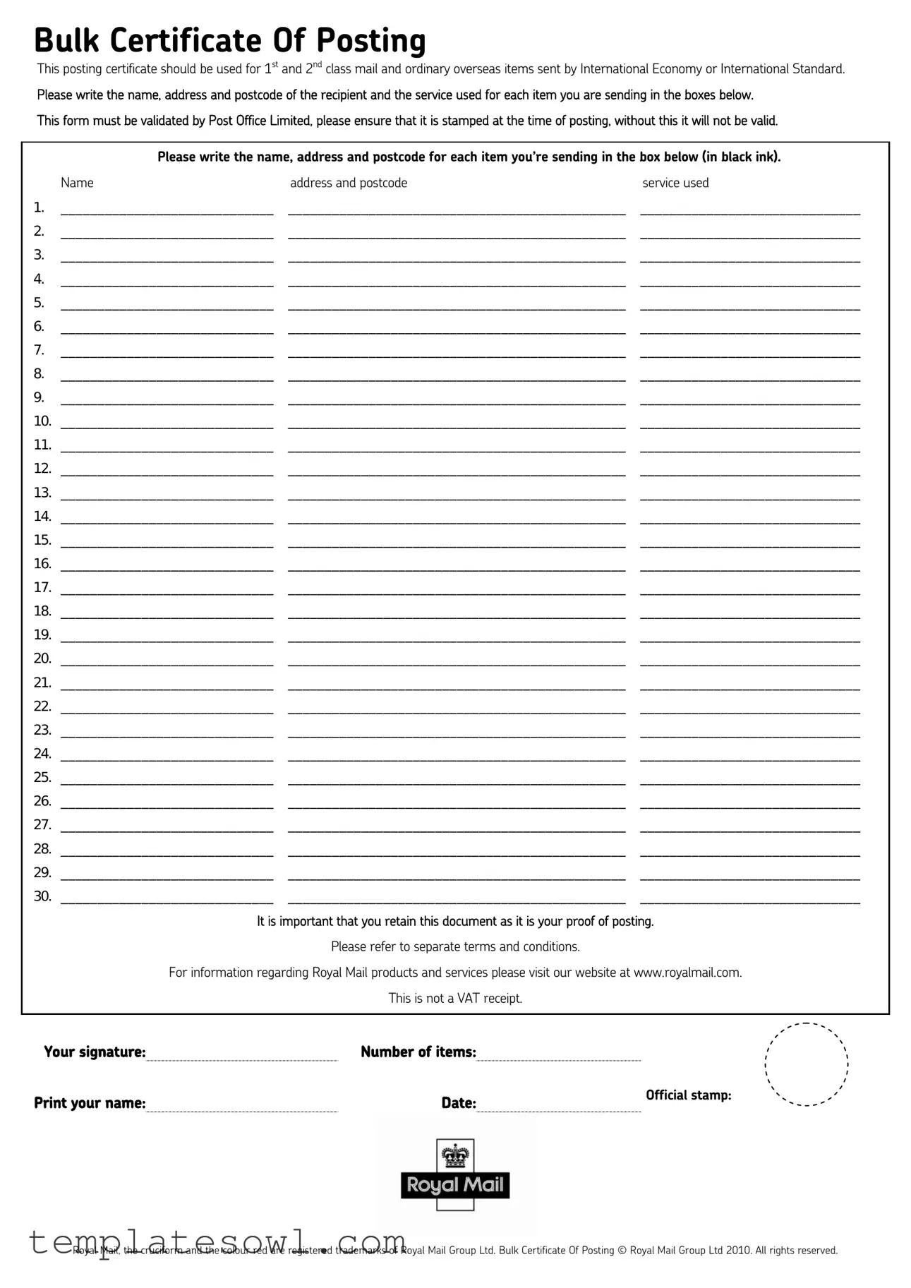 Fill Out Your Bulk Certificate Of Posting Form