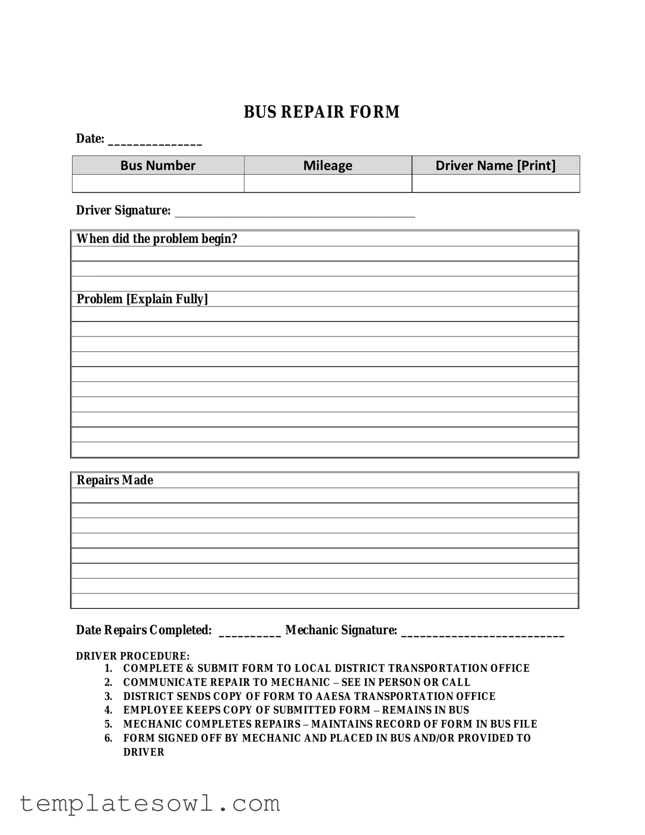Fill Out Your Bus Repair Form