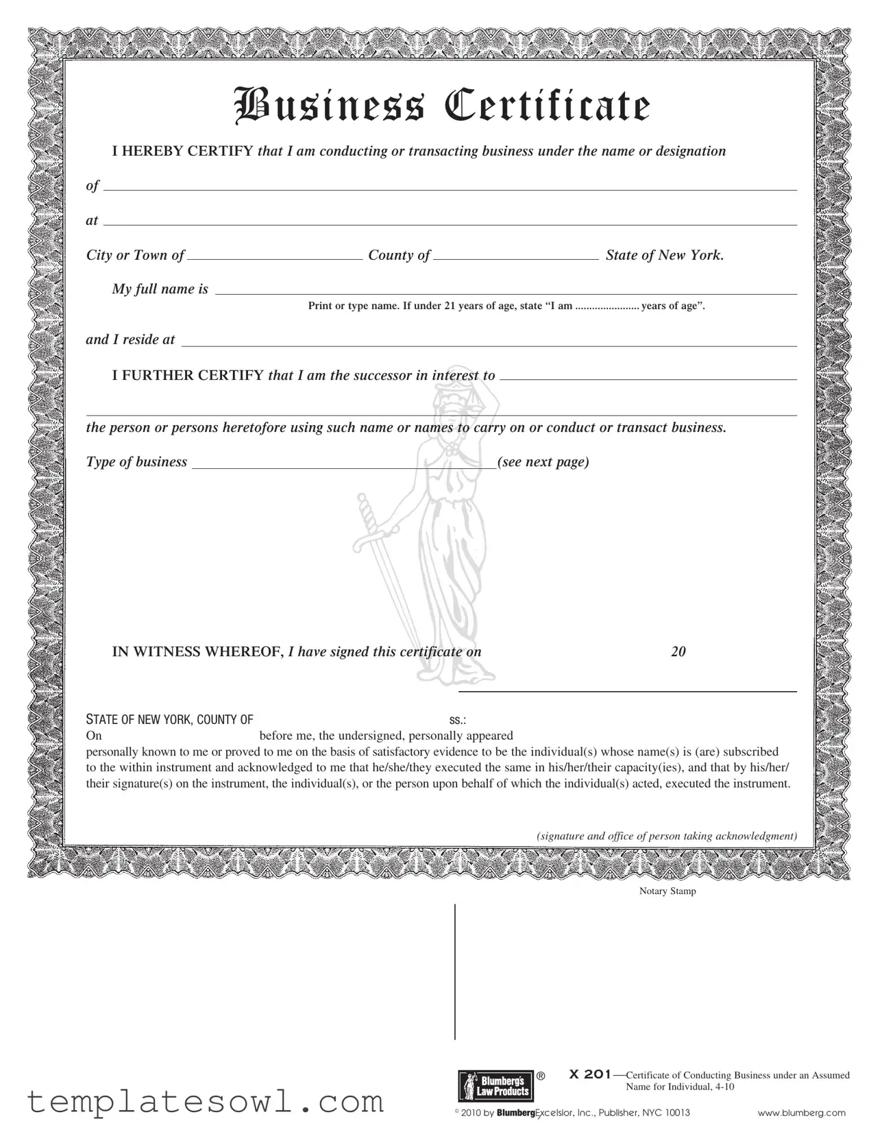 Fill Out Your Business Certificate Form