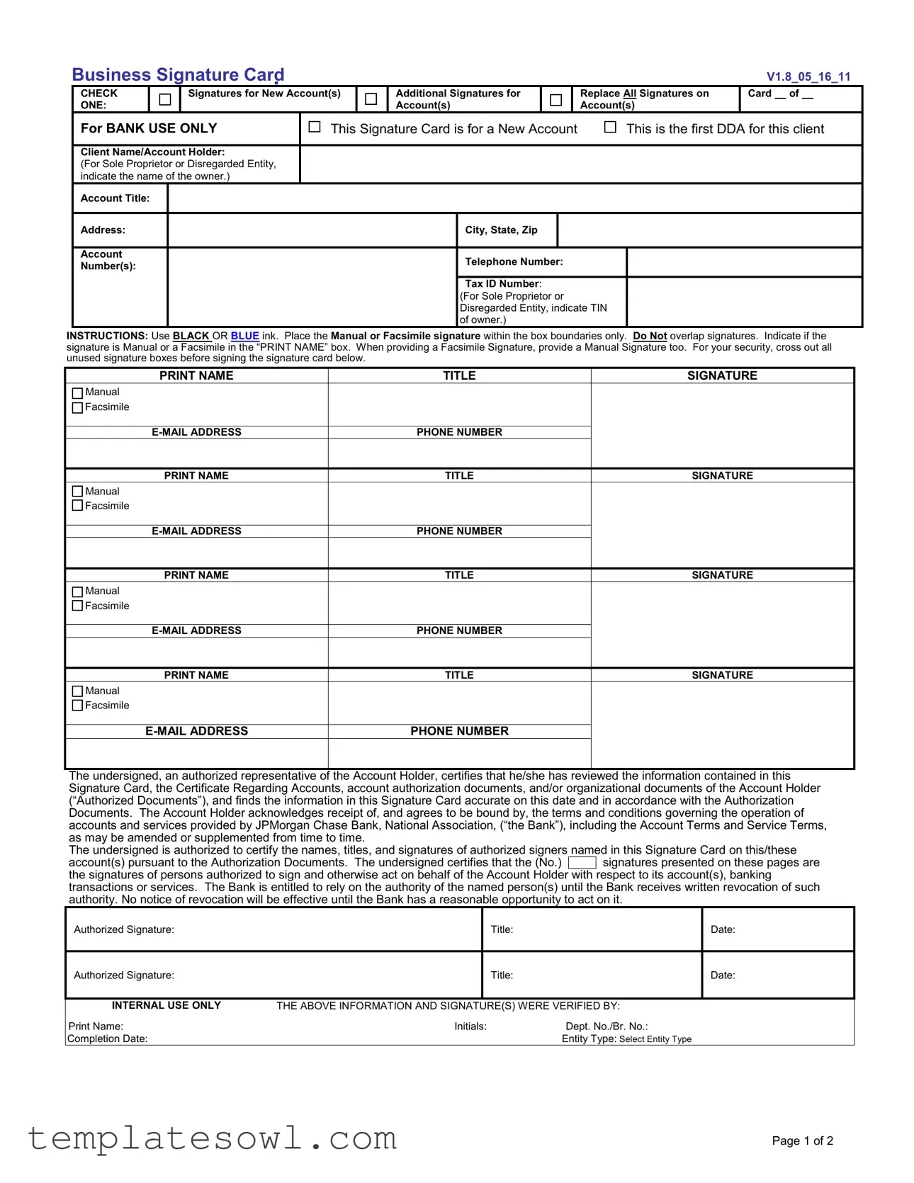 Fill Out Your Business Signature Card Form