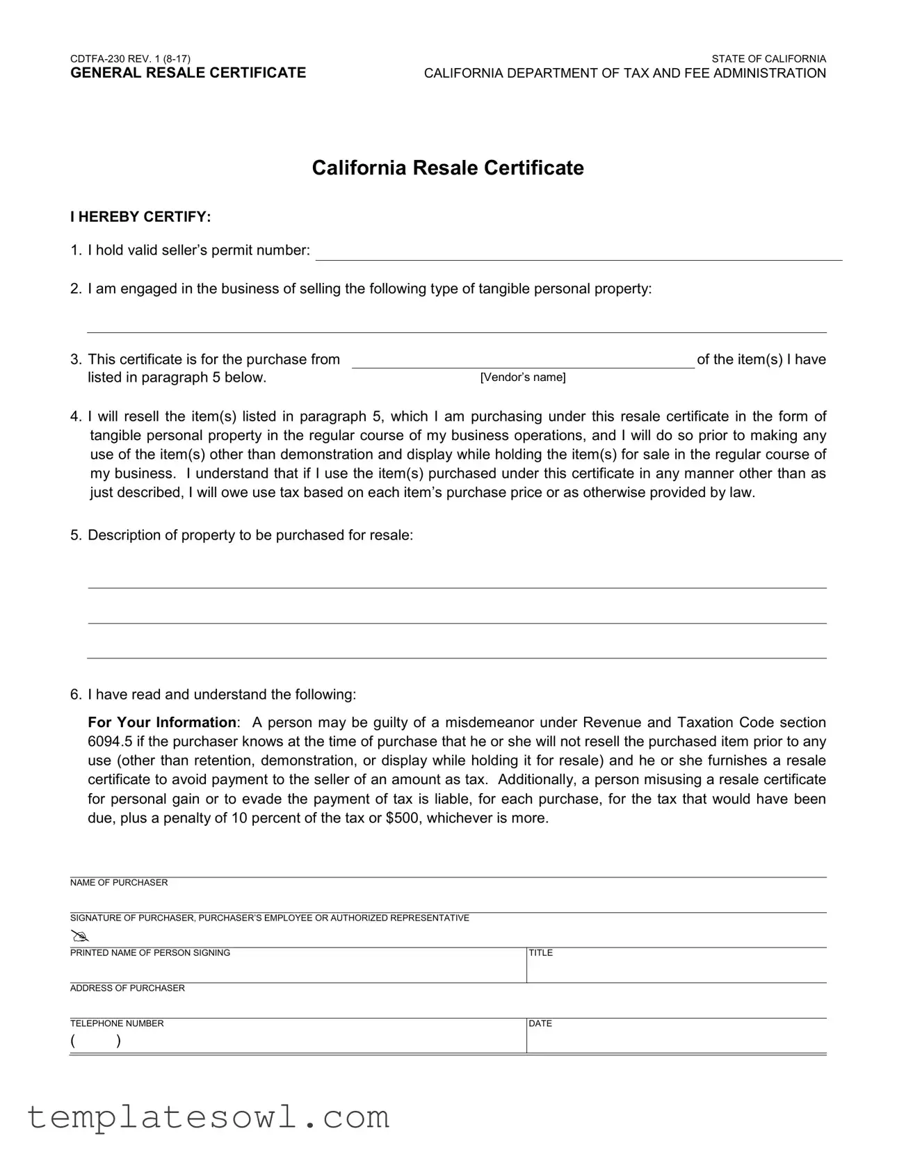 Fill Out Your Ca Resale Form