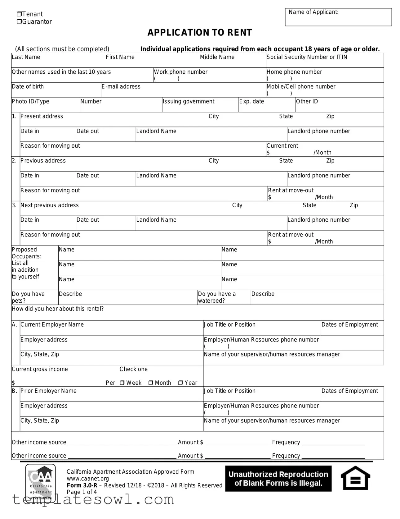Fill Out Your Caa Application Rent Form