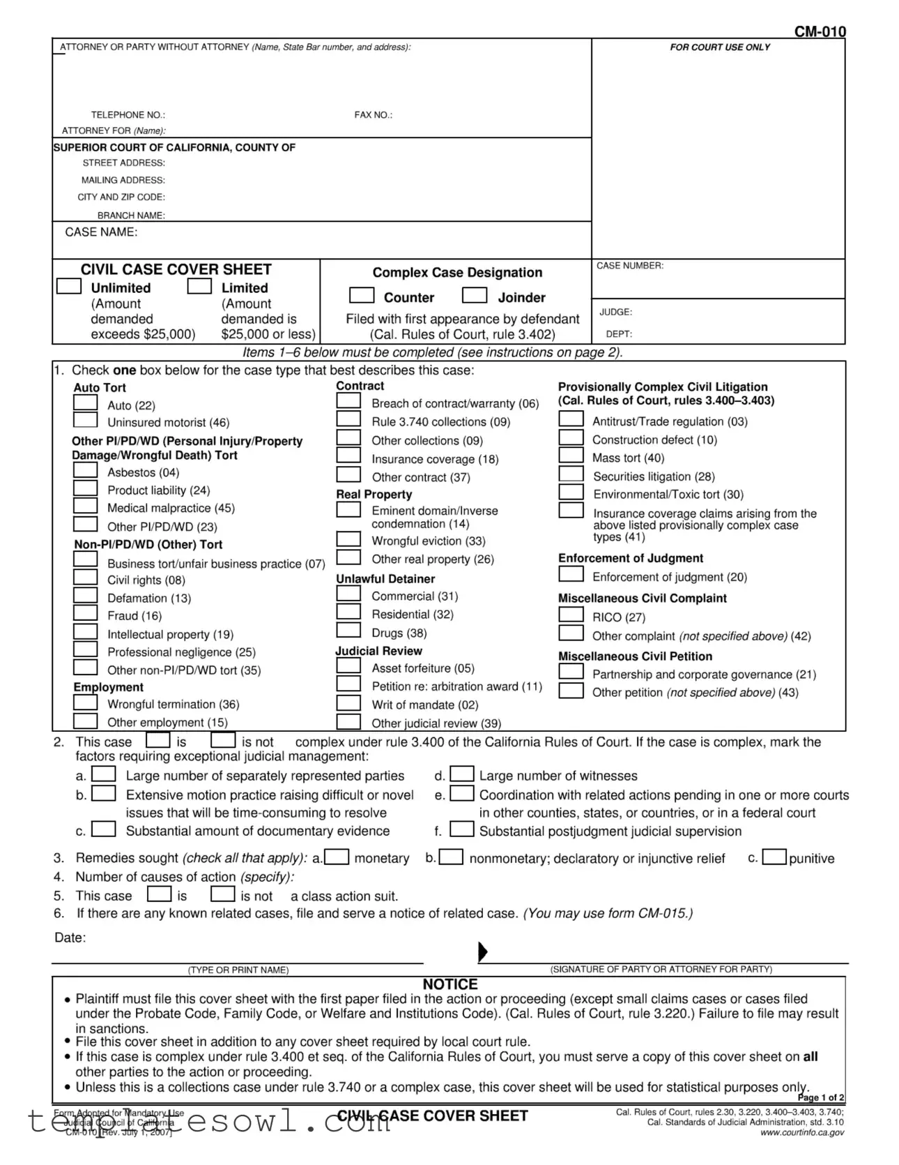 Fill Out Your California Civil Form