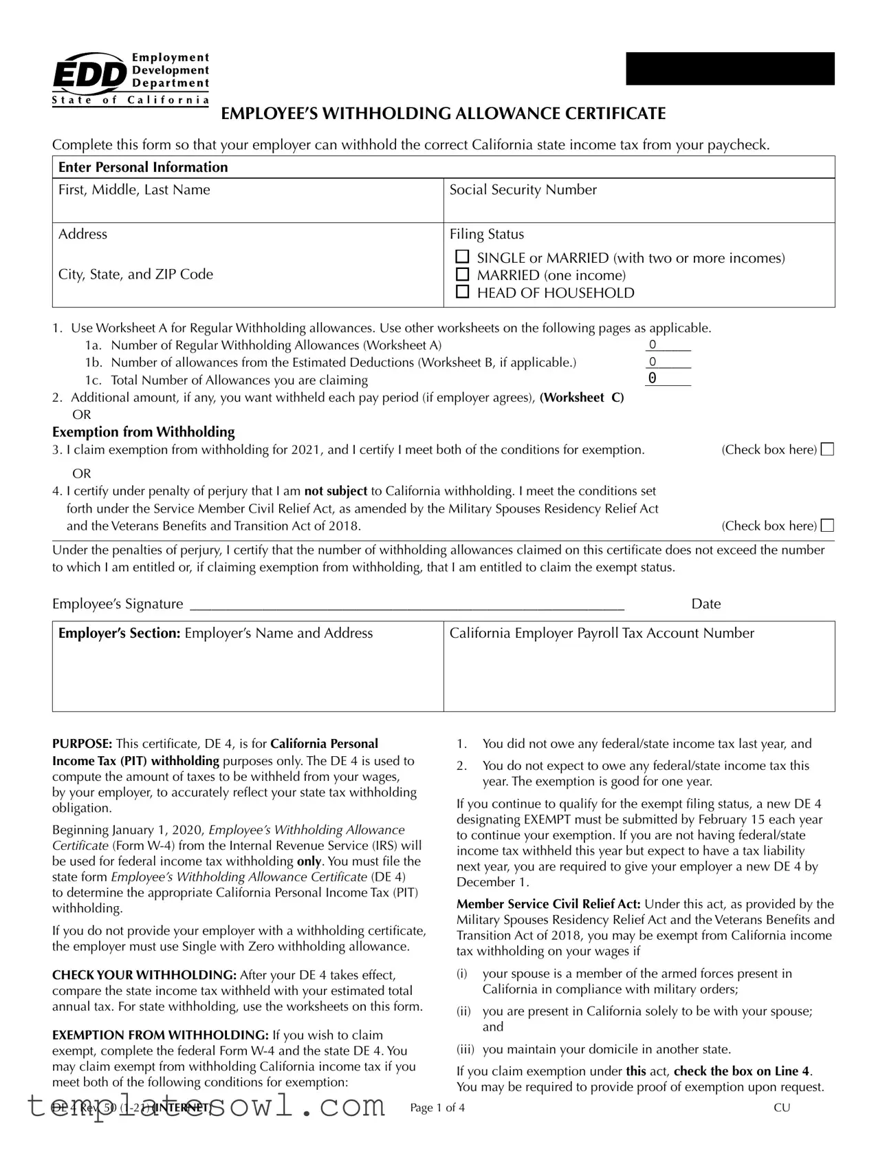 Fill Out Your California De 4 Form