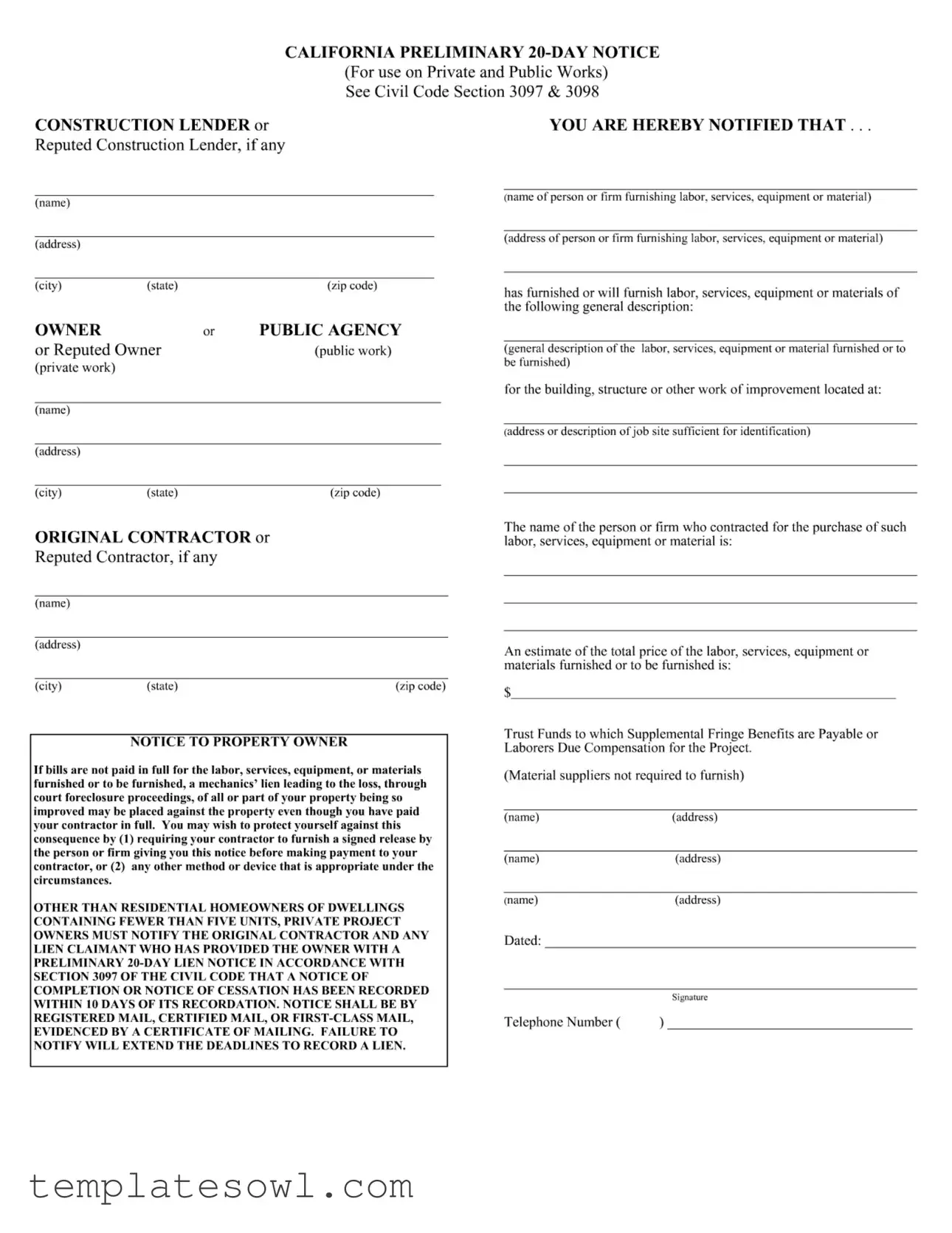 Fill Out Your California Preliminary 20 Day Notice Form