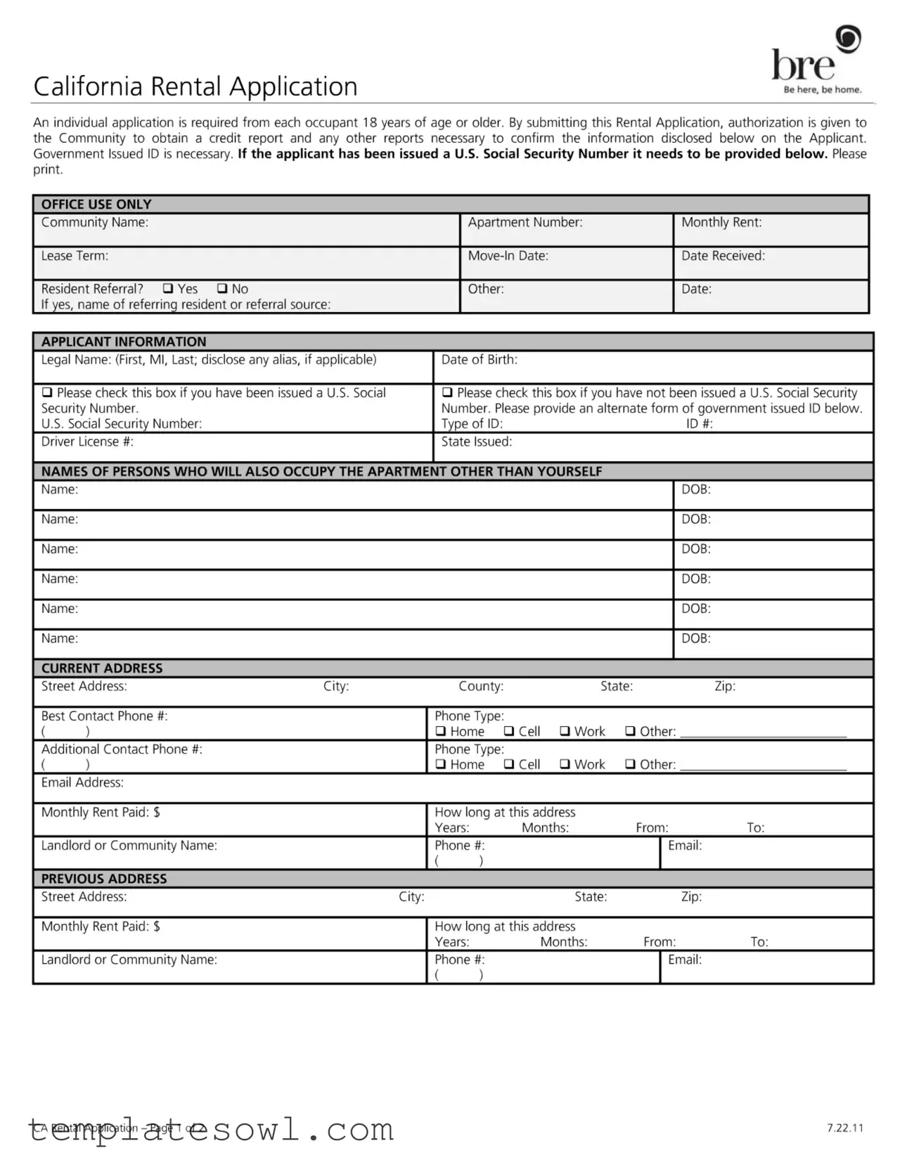 Fill Out Your California Rental Application Form