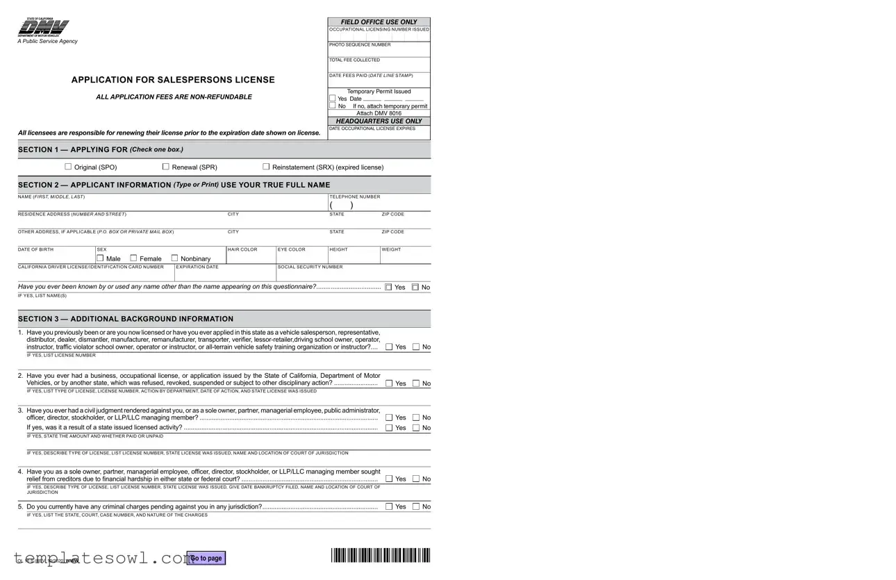 Fill Out Your California Vehicle Salesperson License Form