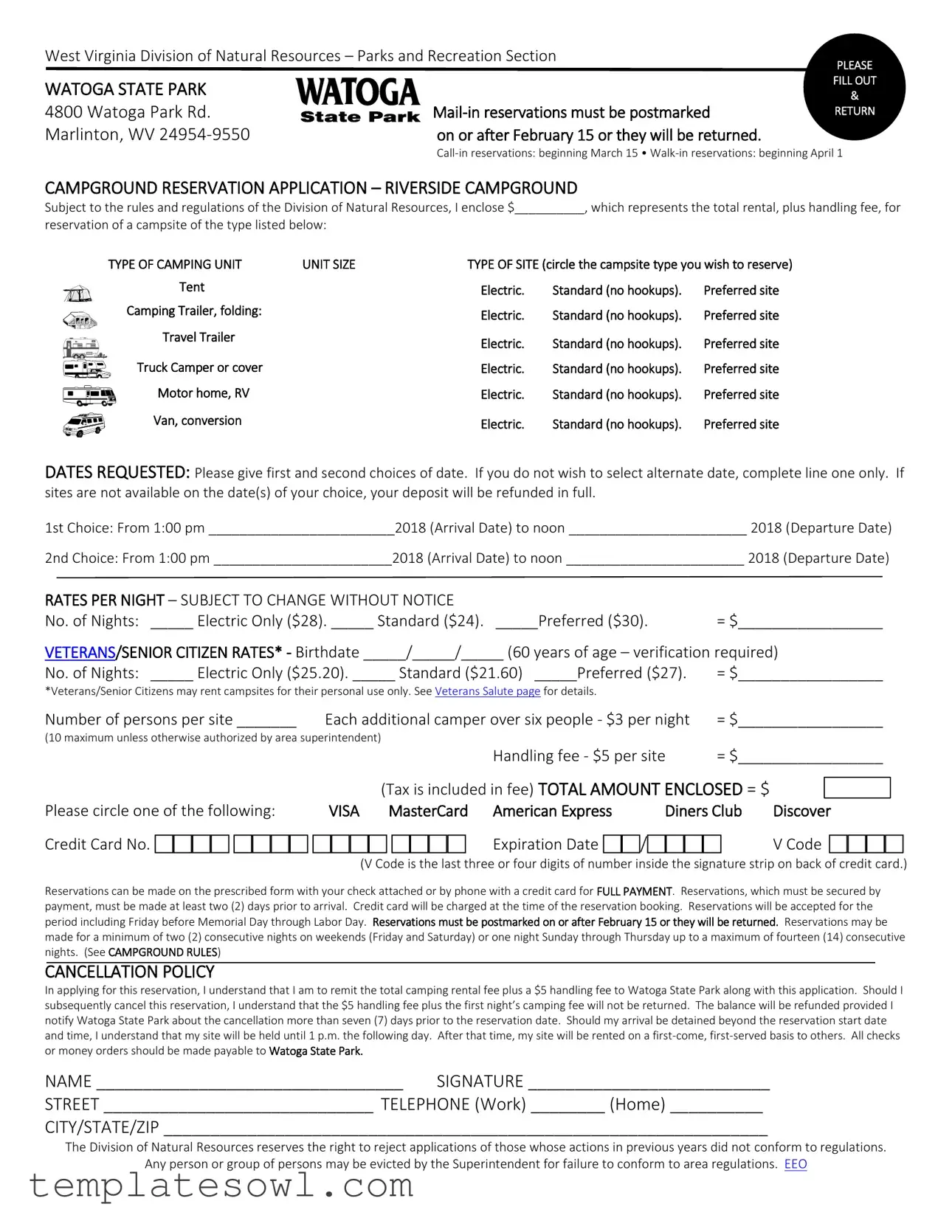 Fill Out Your Campground Watoga State Park Form