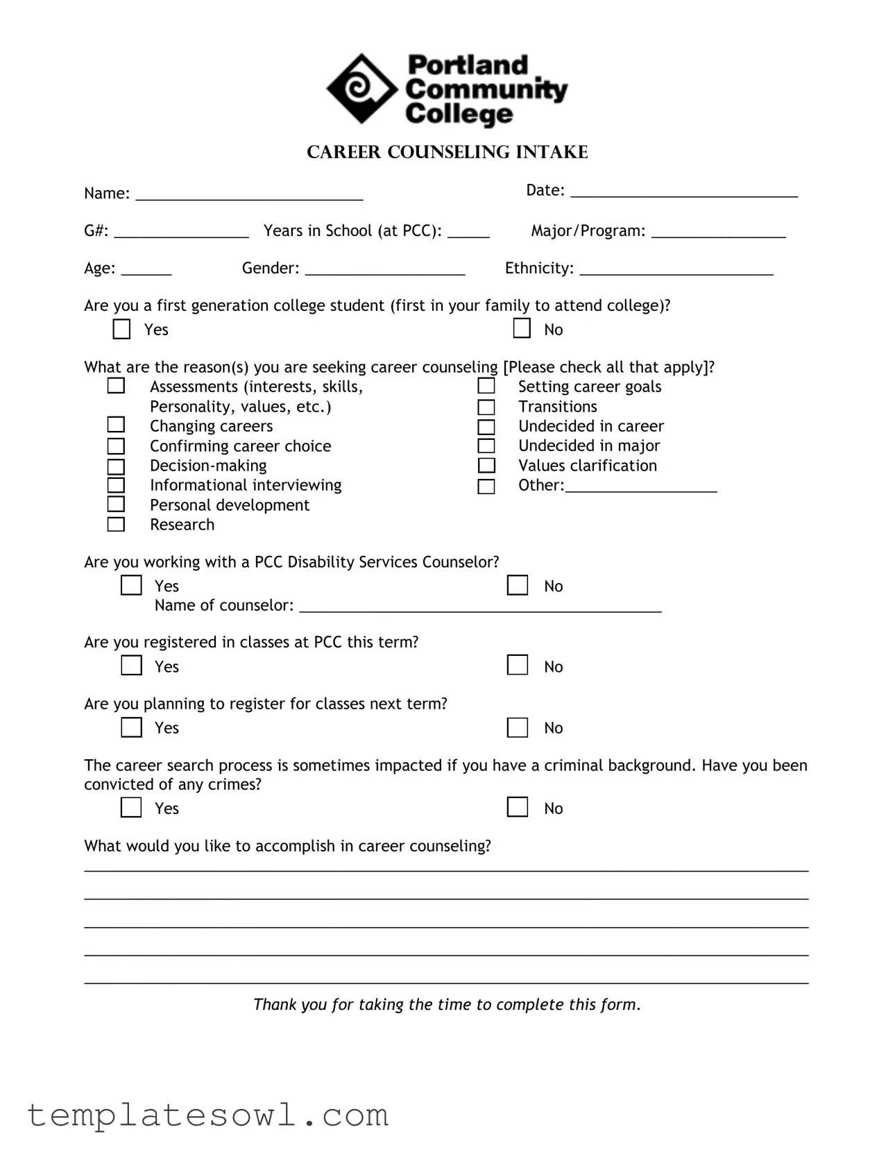 Fill Out Your Career Counseling Intake Form