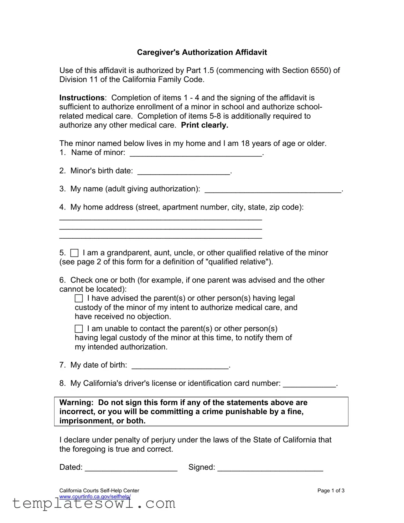 Fill Out Your Caregivers Authorization Affidavit Form