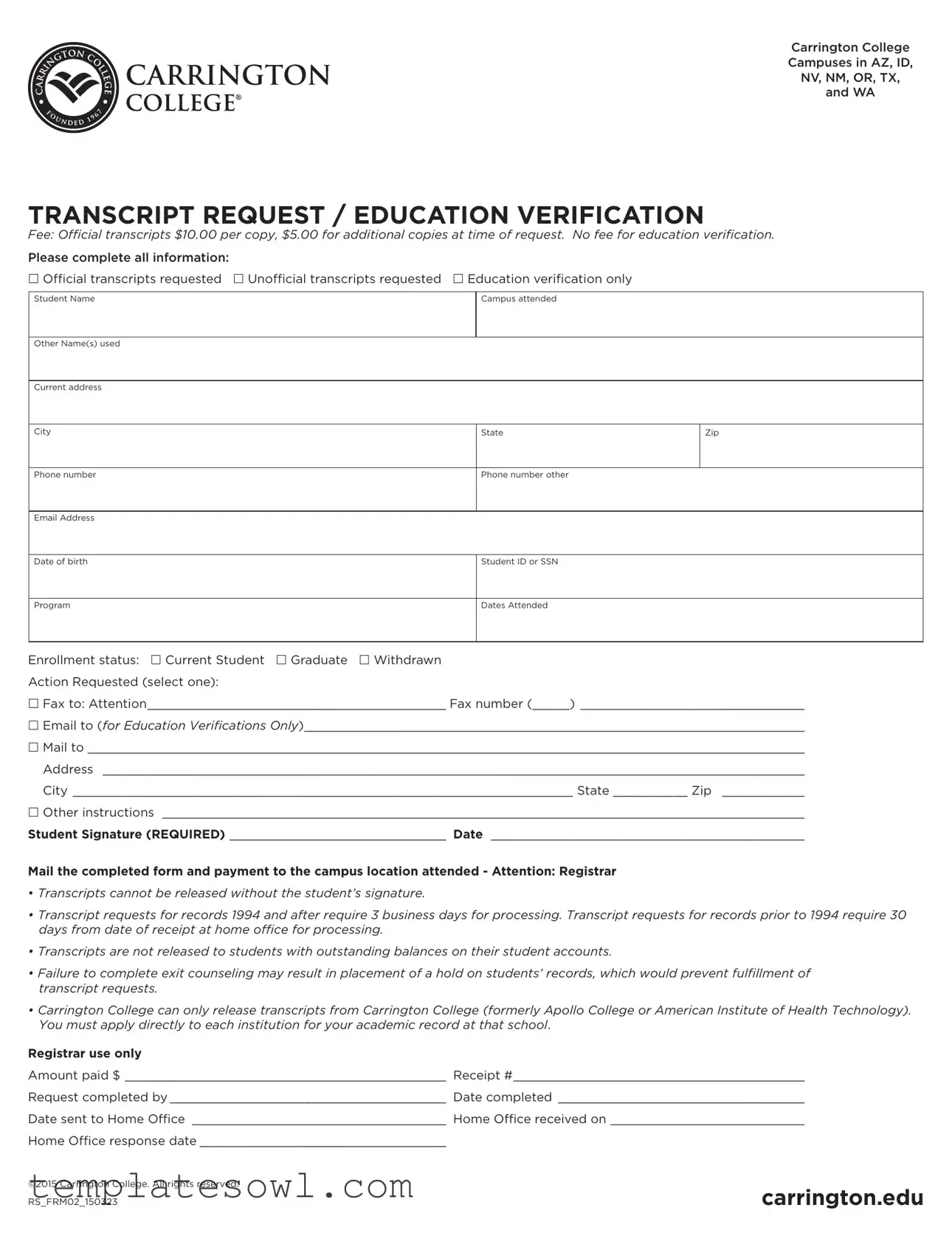 Fill Out Your Carrington Form
