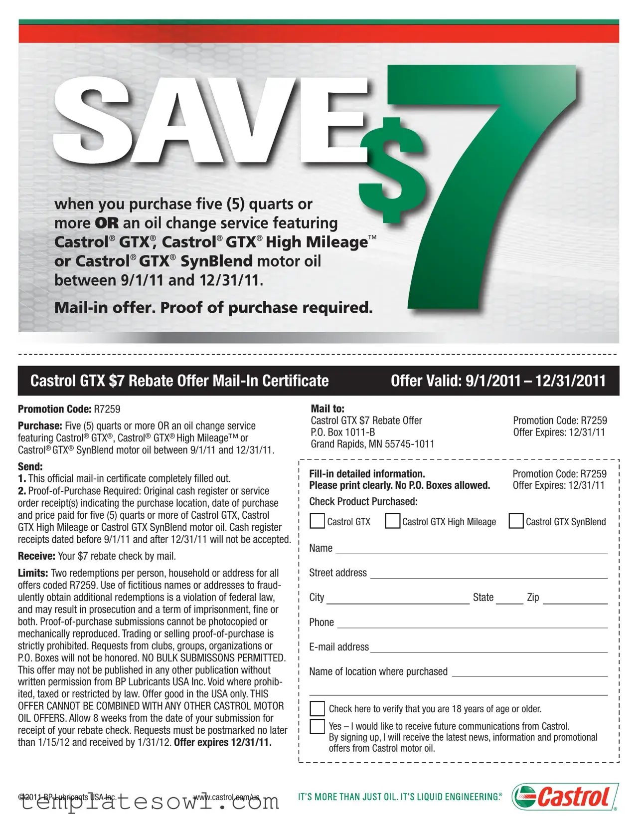 Fill Out Your Castrol Oil Promotion Form