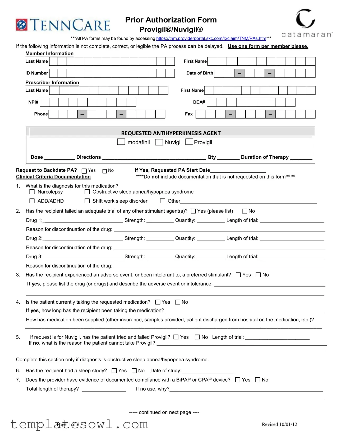 Fill Out Your Catamaran Prior Auth Form