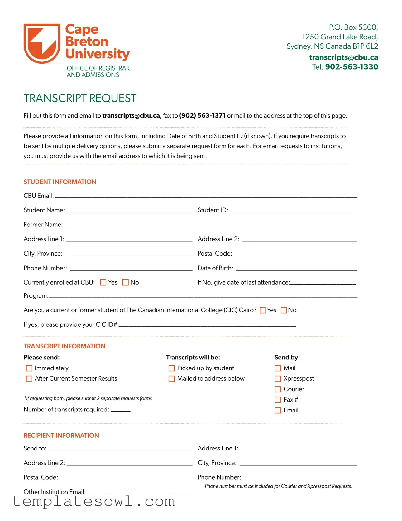 Fill Out Your Cbu Transcript Request Form