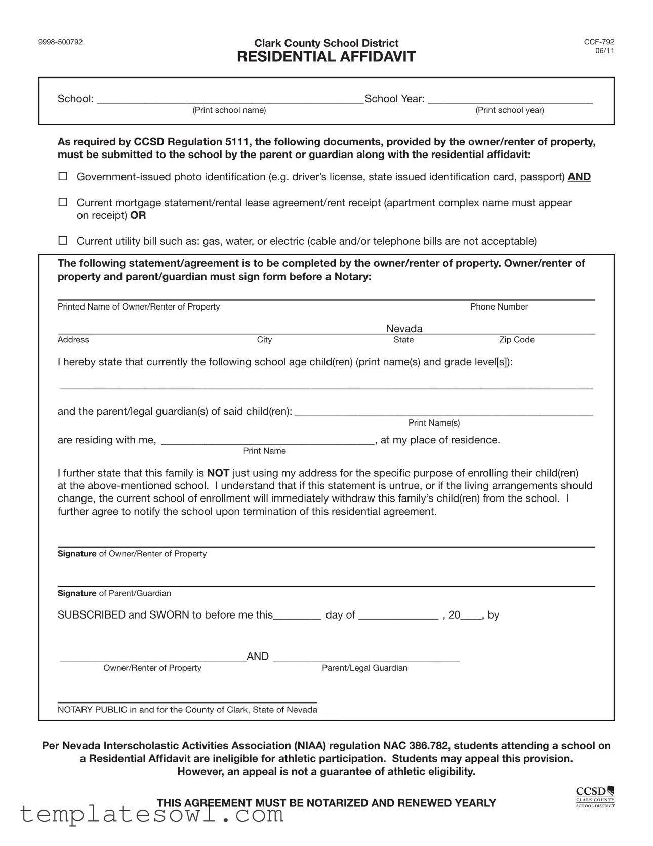 Fill Out Your Ccsd Residential Affidavit Form