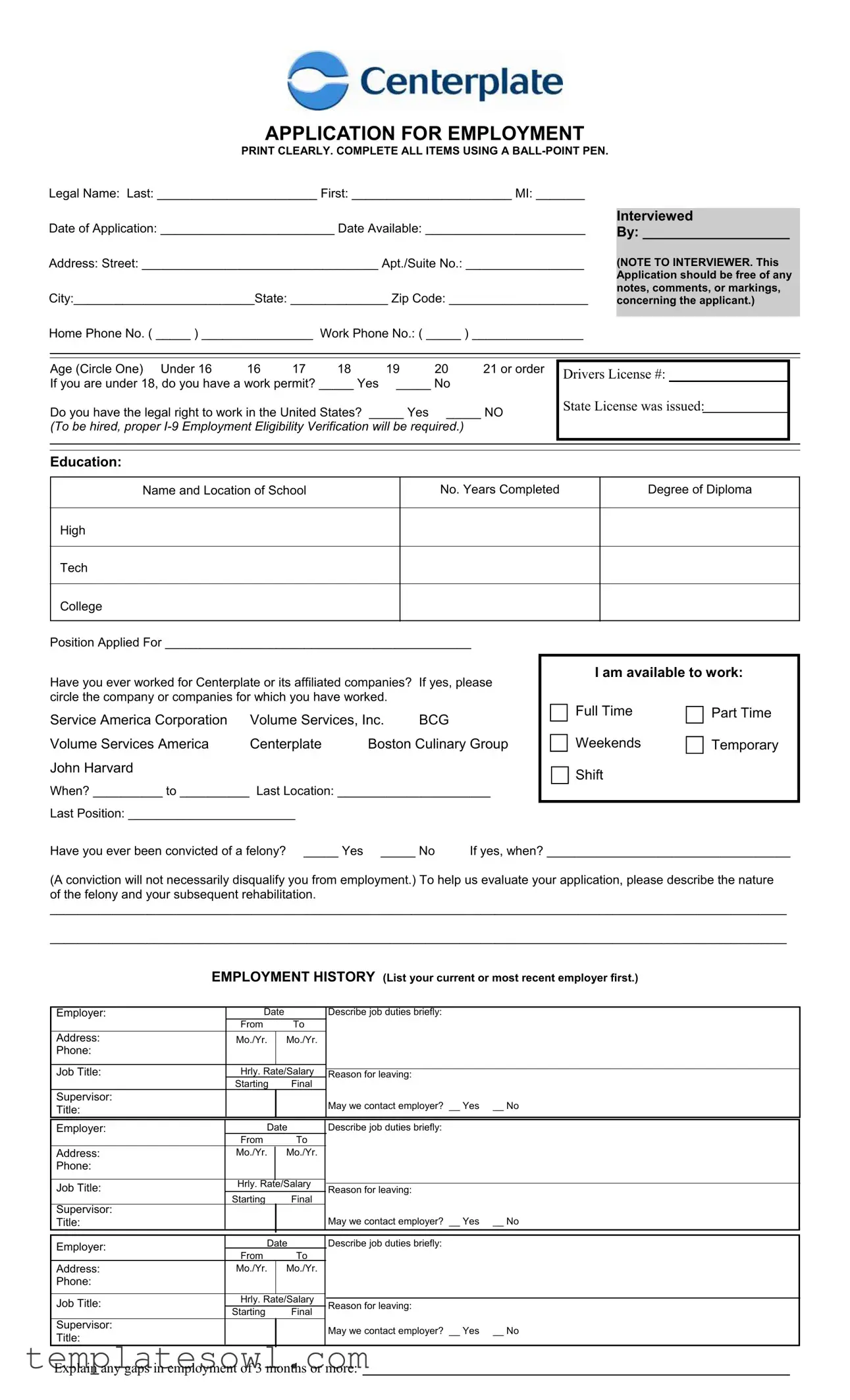 Fill Out Your Centerplate Application Form