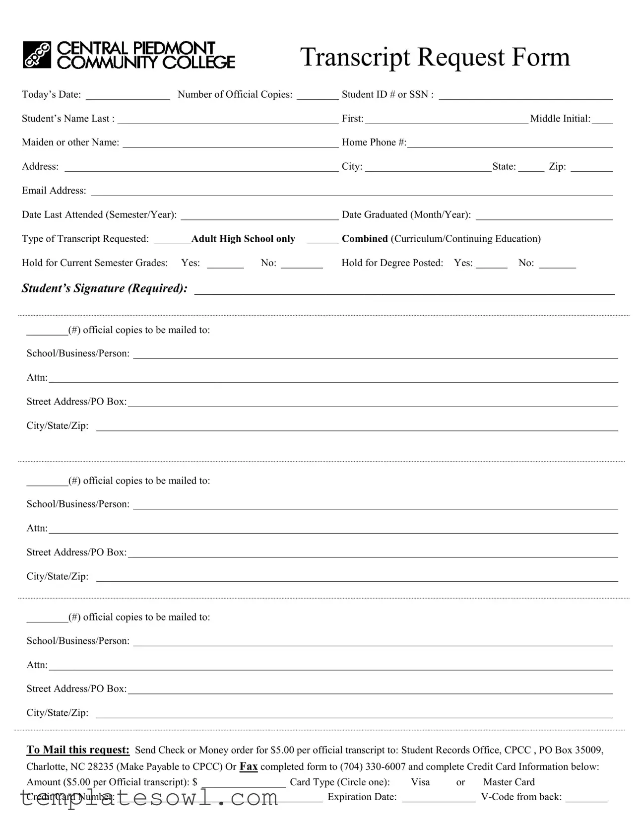 Fill Out Your Central Piedmont Community College Transcript Form