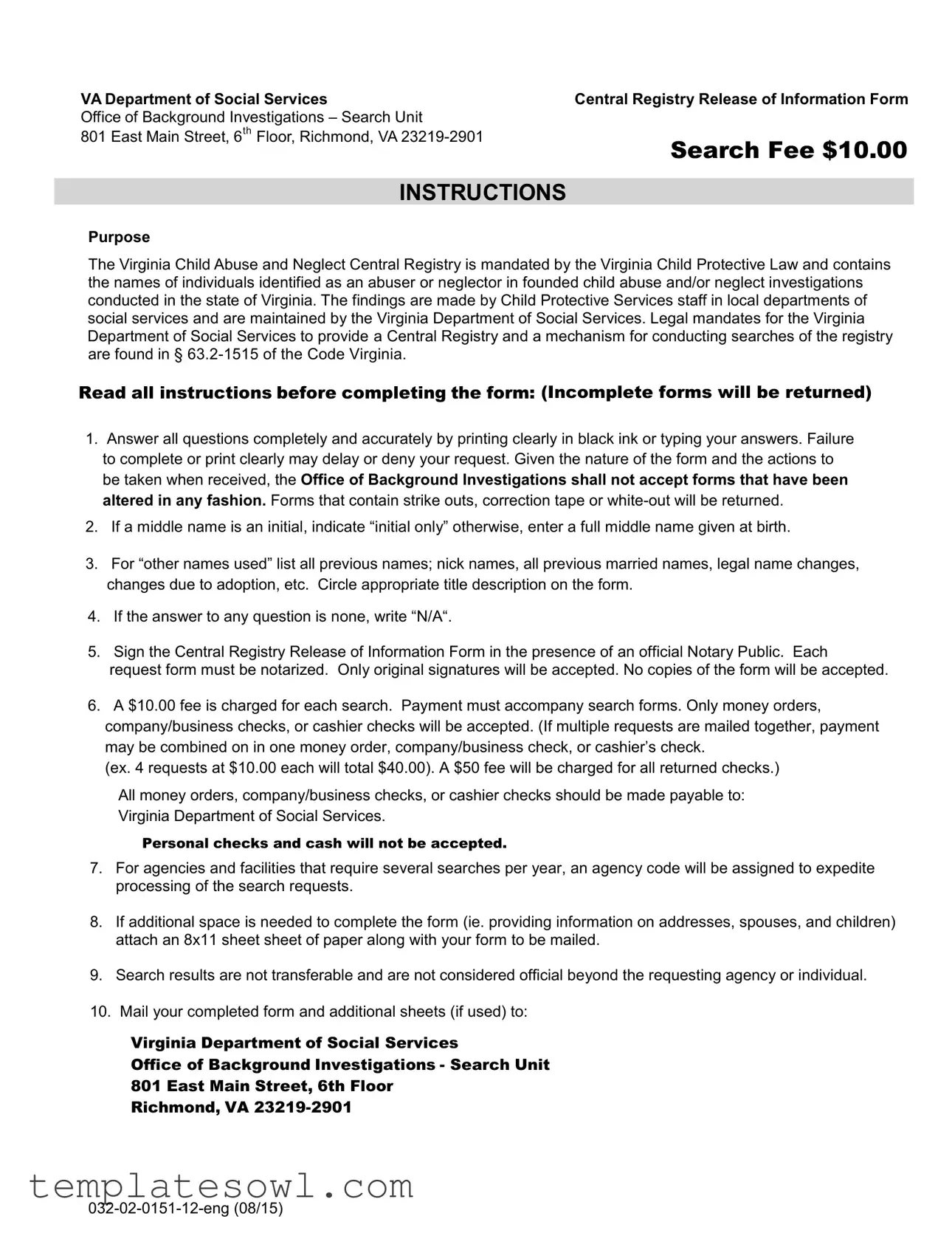 Fill Out Your Central Registry Release Information Form