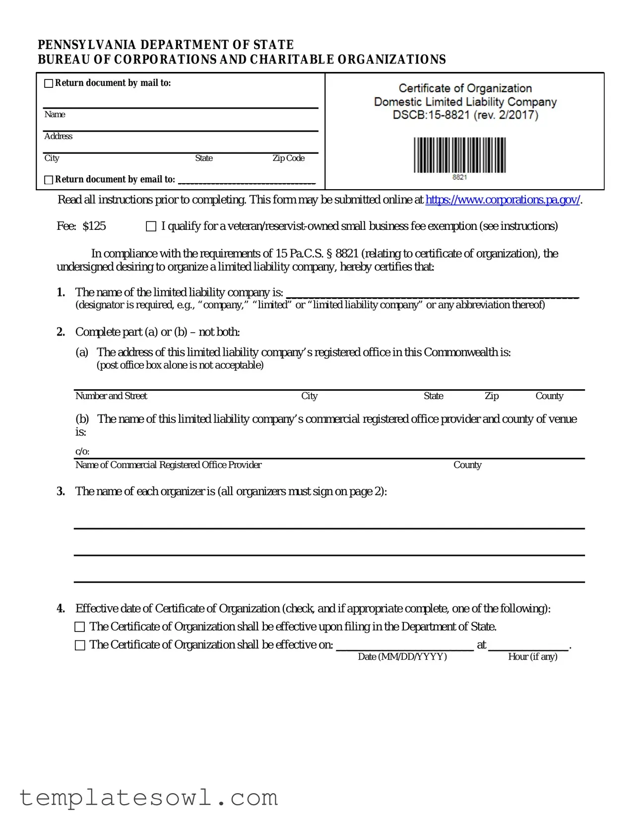 Fill Out Your Certficate Of Organization Domestic Llc Sample Pa Form