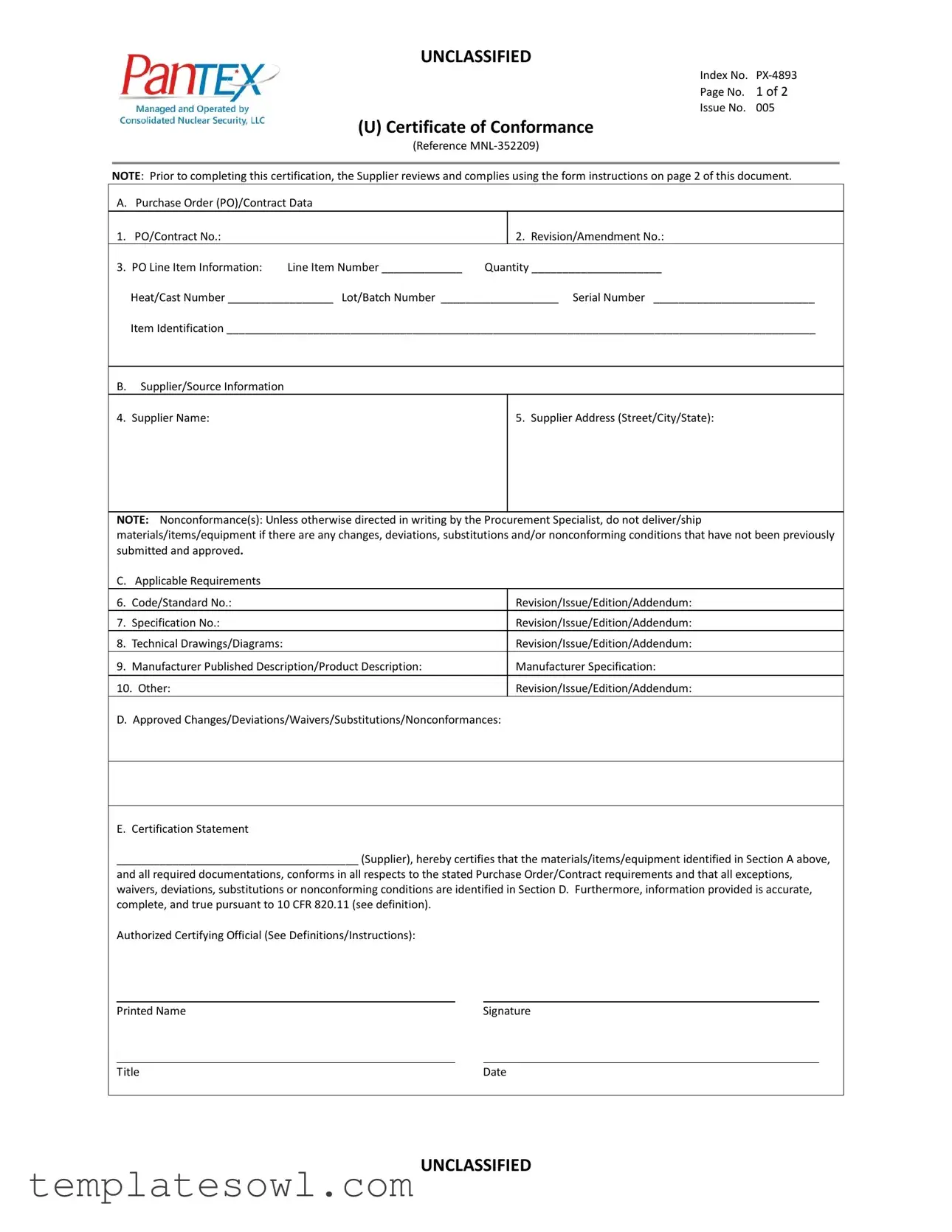 Fill Out Your Certificate Of Conformance Form