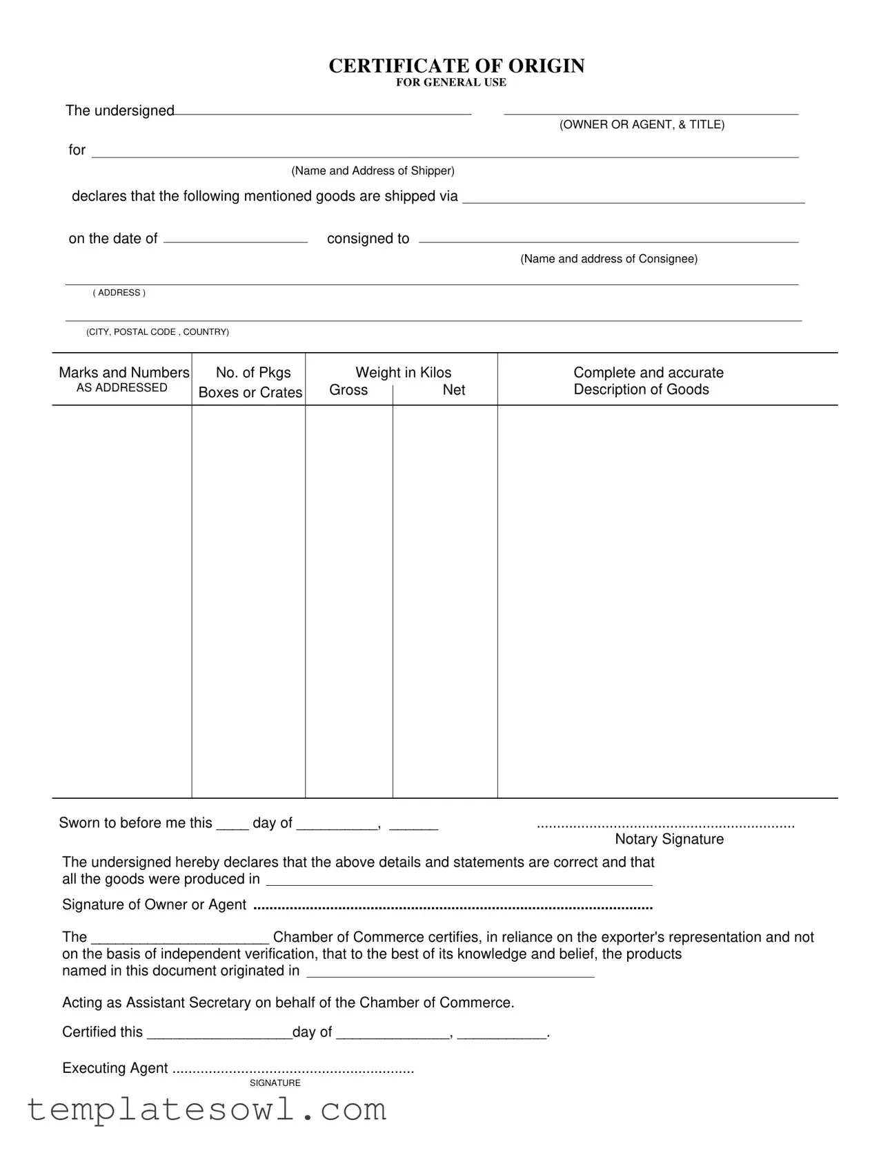 Fill Out Your Certificate Of Origin Form