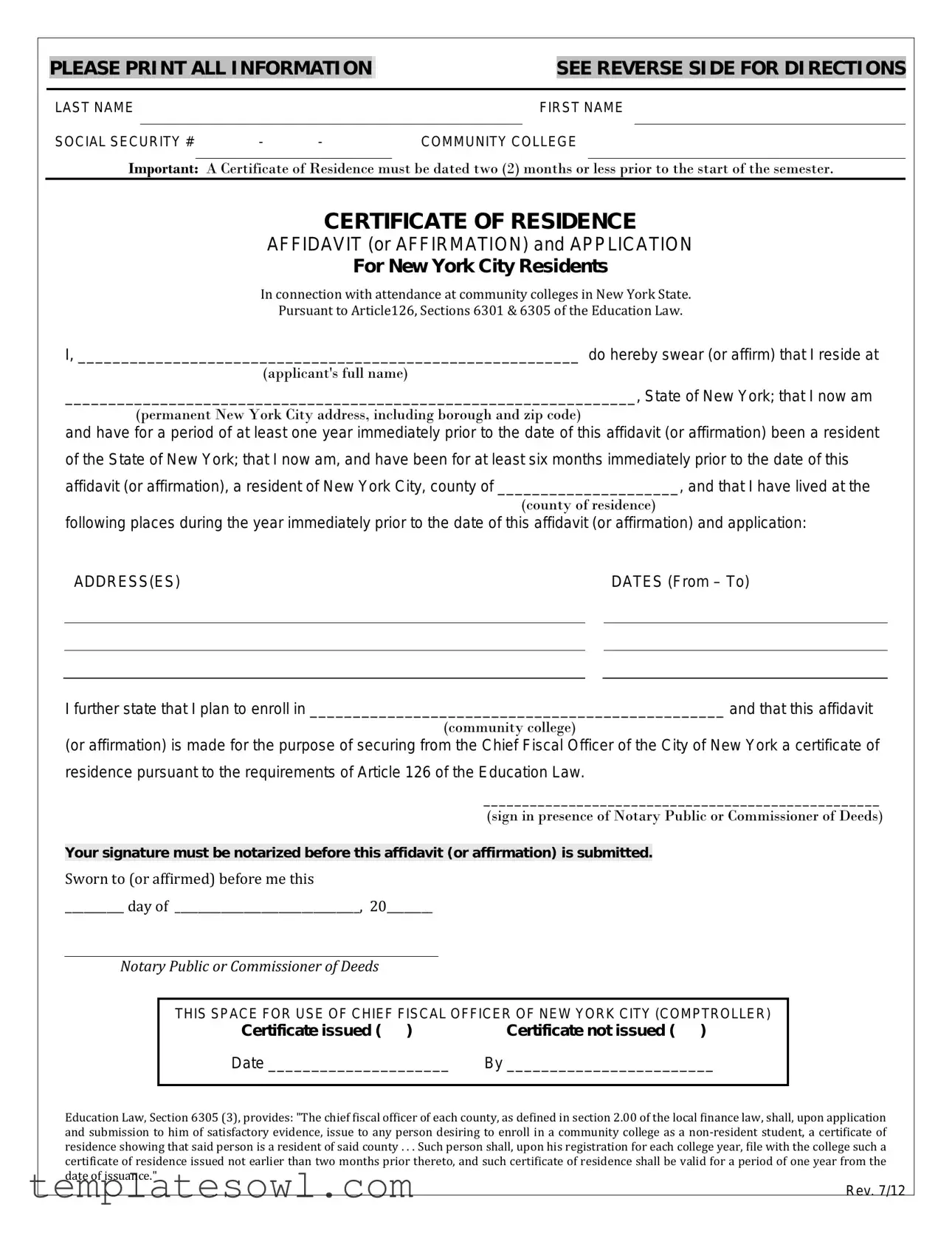 Fill Out Your Certificate Of Residence Form