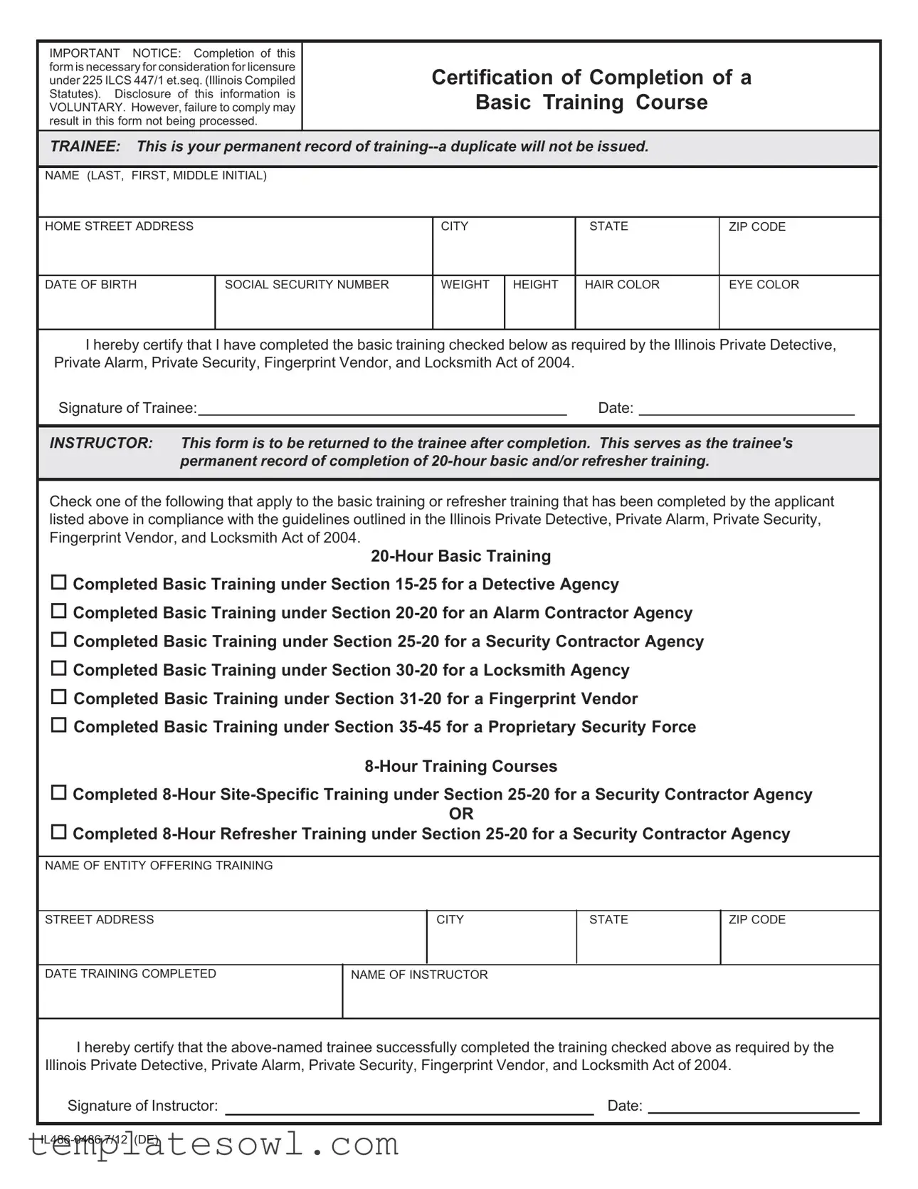 Fill Out Your Certification Of Completion Basic Training Course Form