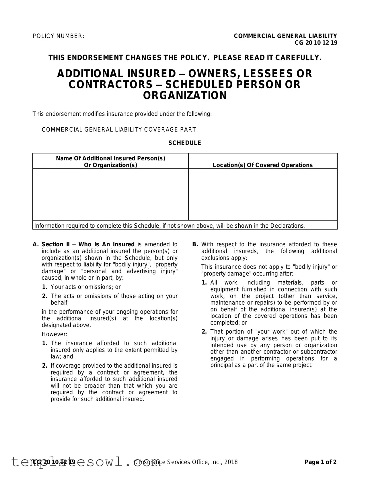 Fill Out Your Cg 20 10 07 04 Liability Endorsement Form